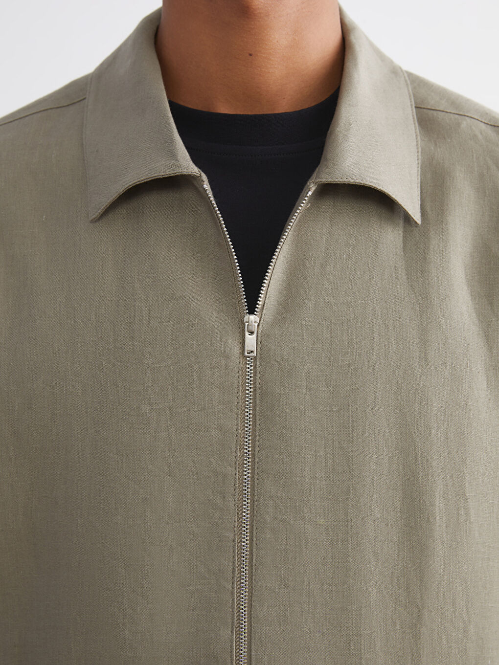 Yeşil Standart Kalıp Gömlek Yaka %100 Keten Erkek Mont-4