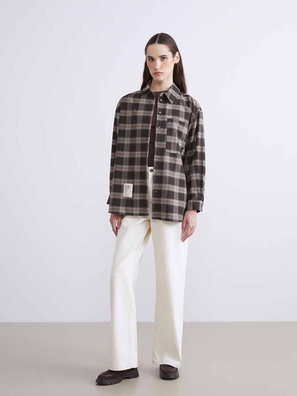 Kahverengi Ekose Oversize Poplin Kadın Gömlek Tunik-1