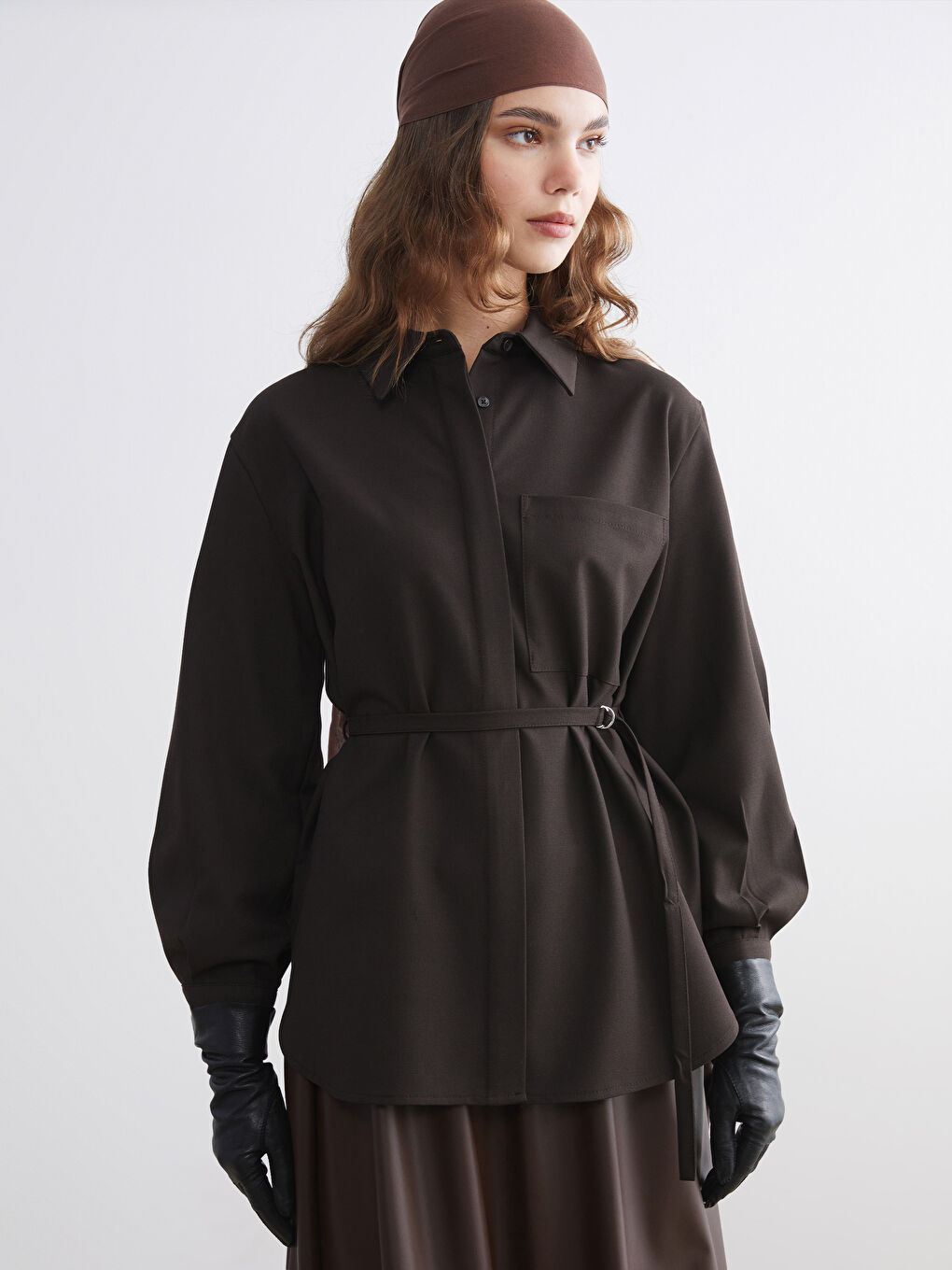 Kahverengi Oversize Kadın Gömlek Tunik