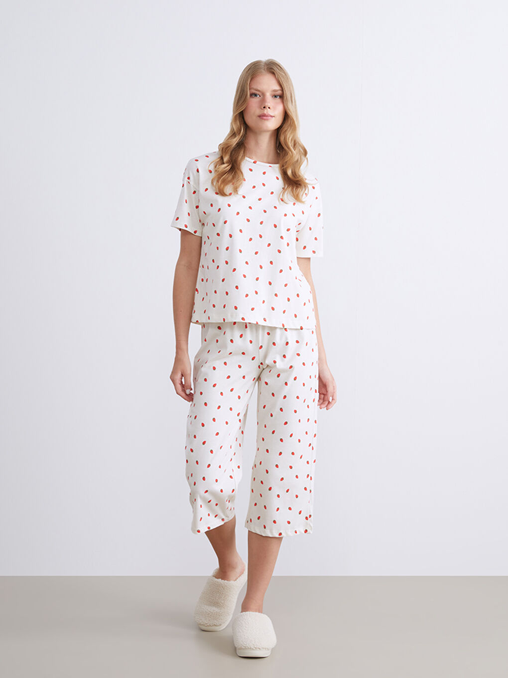 Ekru Beli Lastikli Desenli Kadın Kapri Pijama Altı