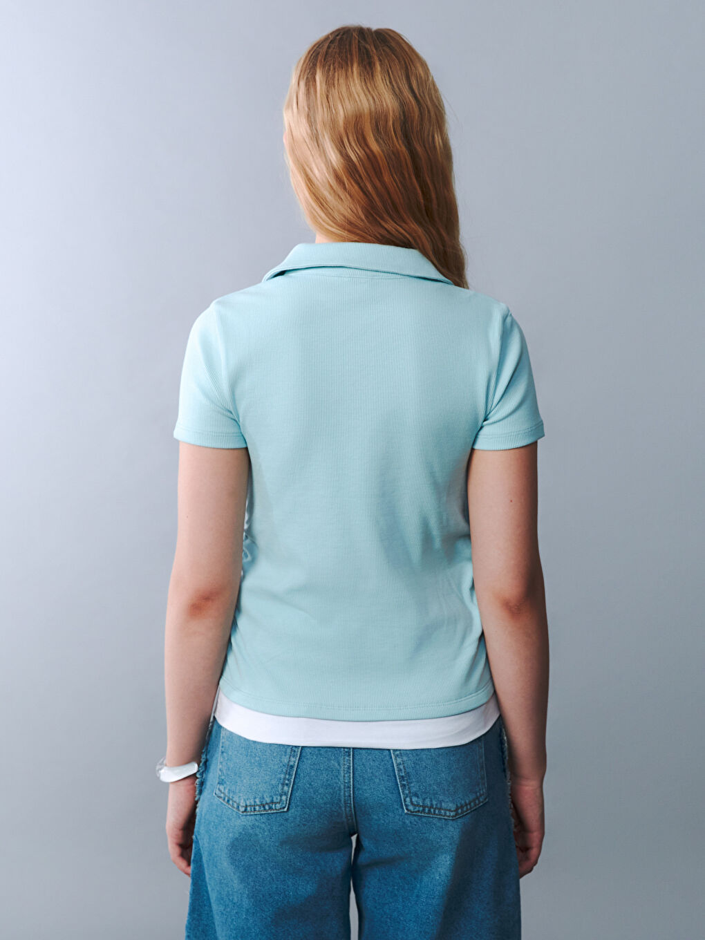 Mavi Polo Yaka Genç Kız Tişört-4