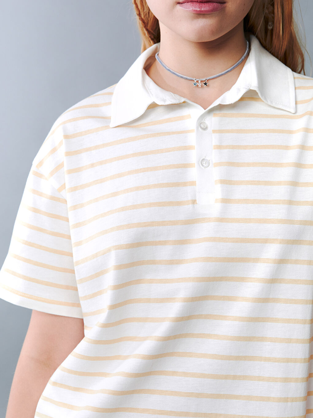 Ekru Polo Yaka Çizgili Genç Kız Tişört-4