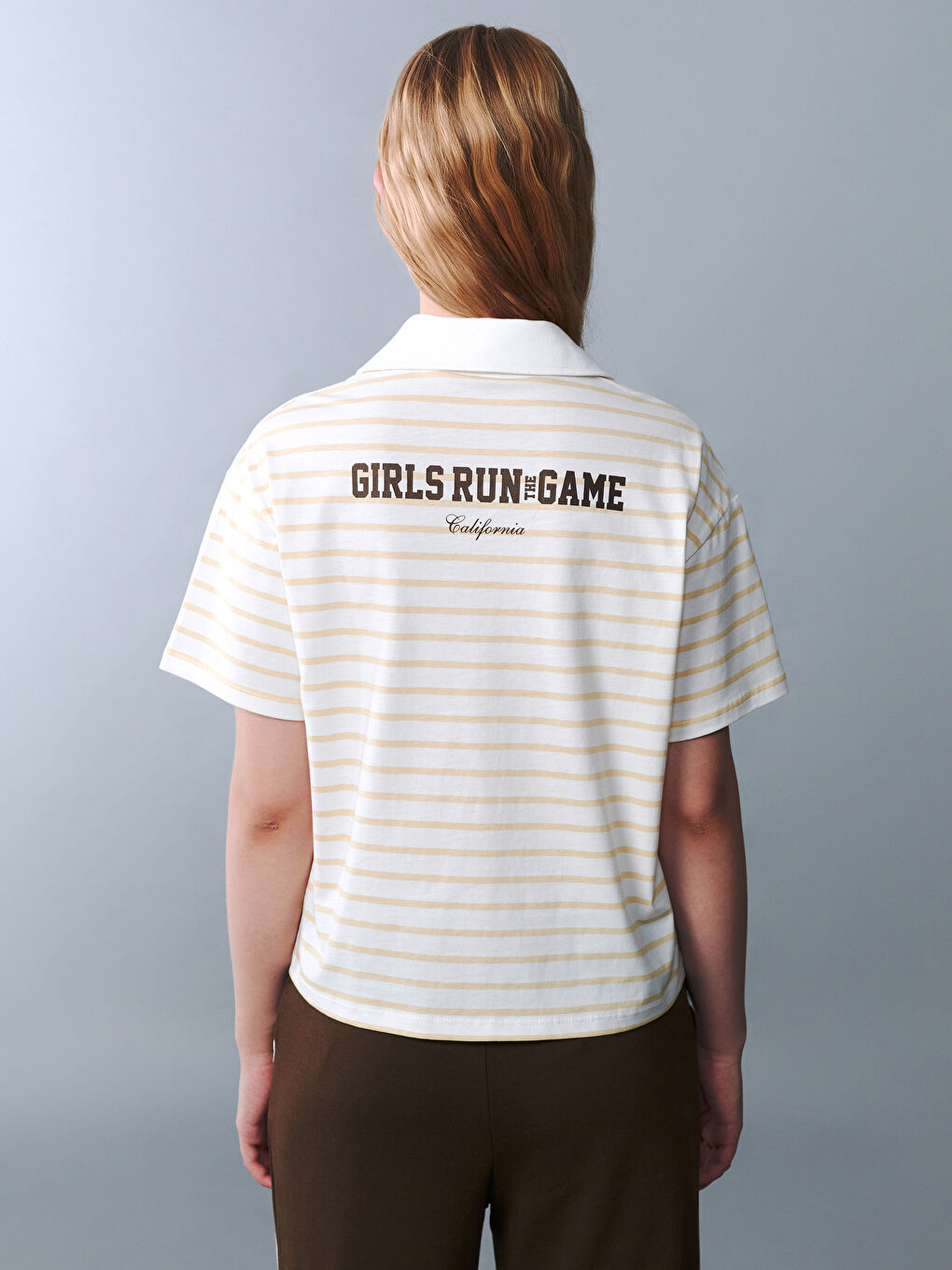 Ekru Polo Yaka Çizgili Genç Kız Tişört-5
