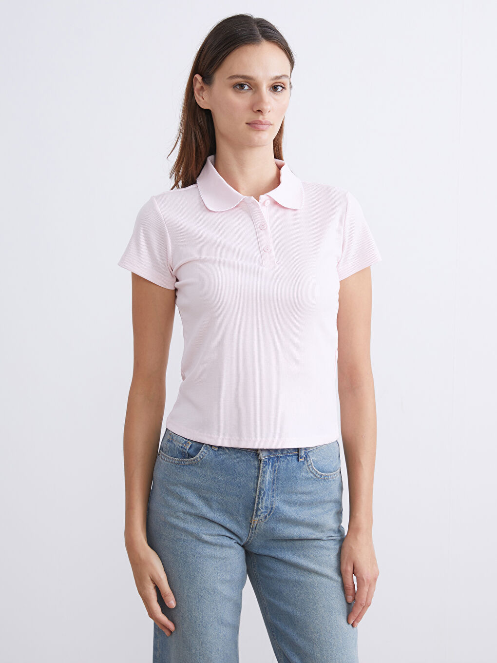 Pembe Polo Yaka Kadın Tişört