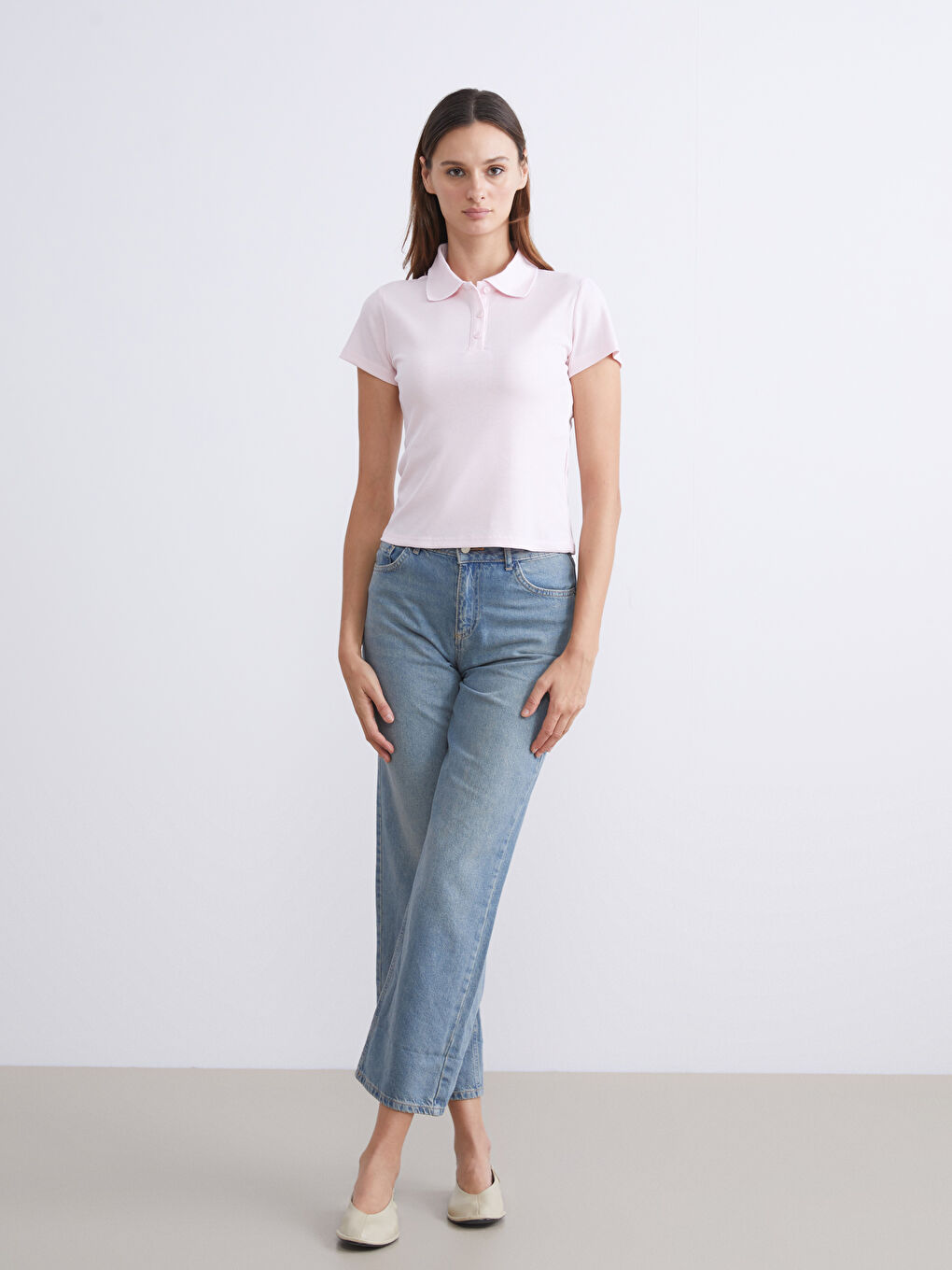 Pembe Polo Yaka Kadın Tişört-1