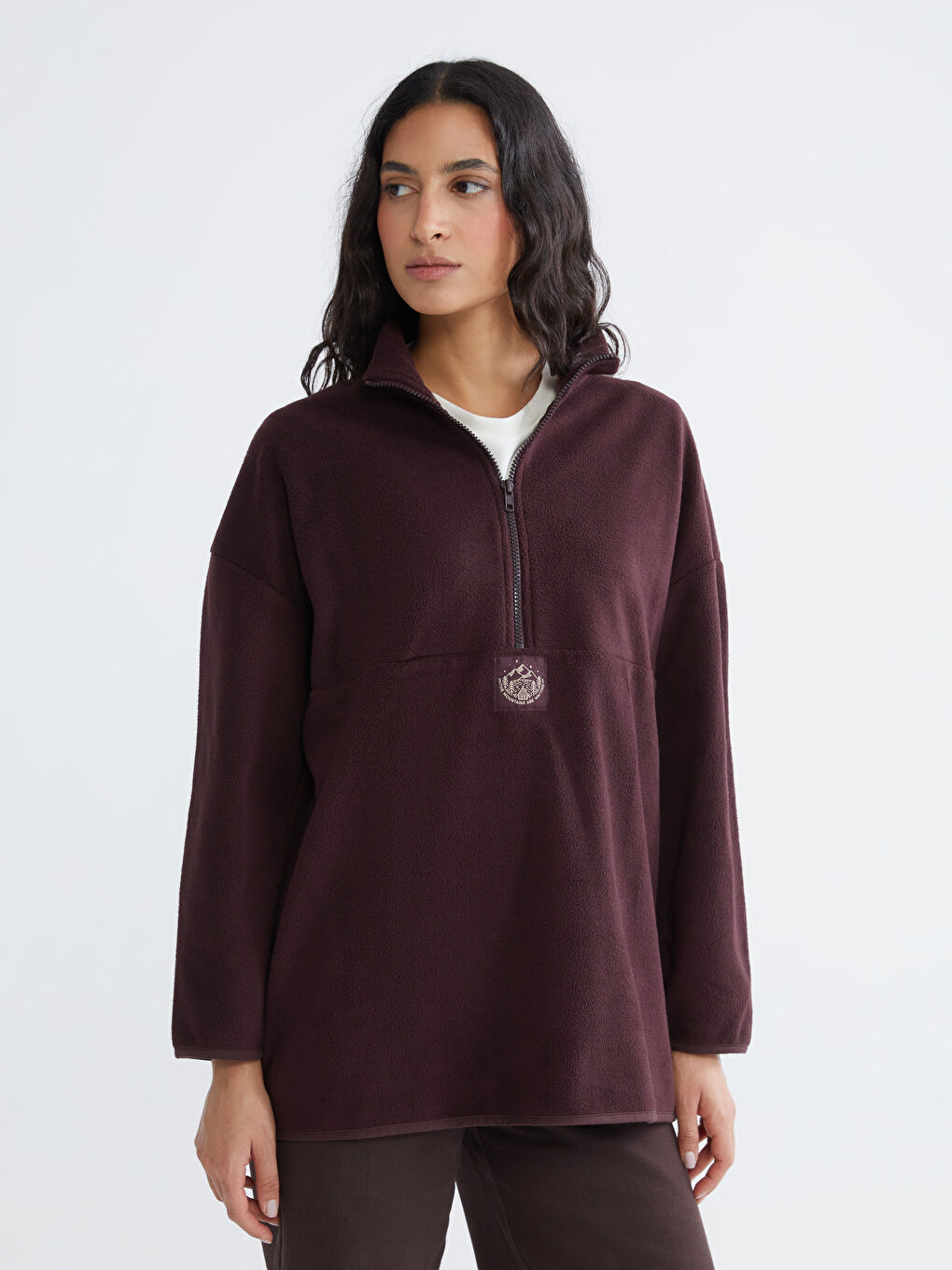 Mürdüm Dik Yaka Nakışlı Polar Kadın Sweatshirt Tunik-2