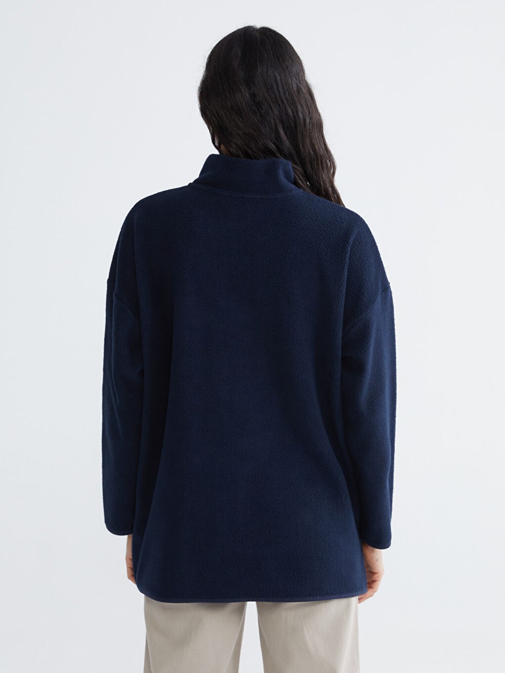 Lacivert Dik Yaka Nakışlı Polar Kadın Sweatshirt Tunik-3