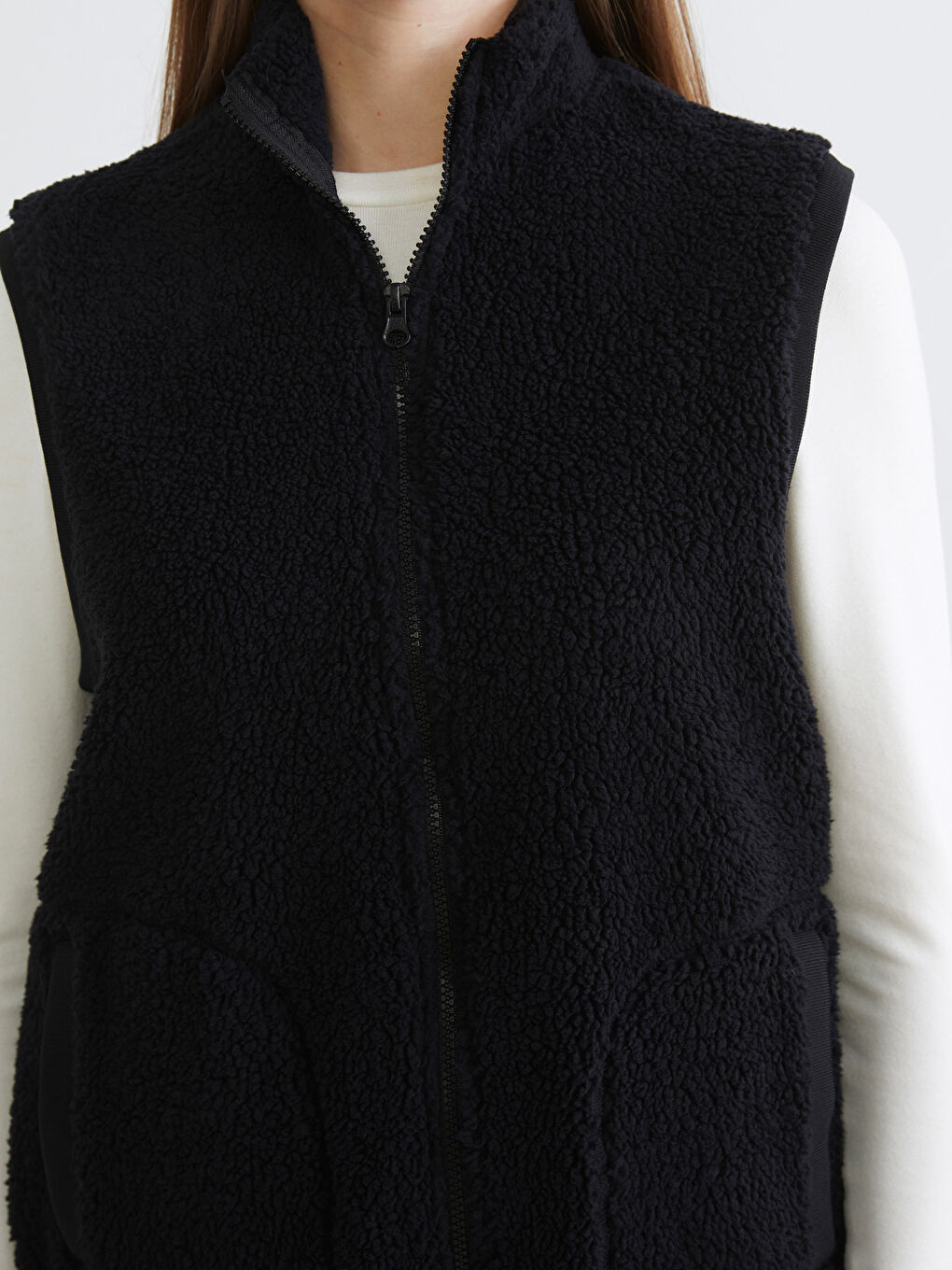 Funnel Neck Women's Plush Waistcoat-2