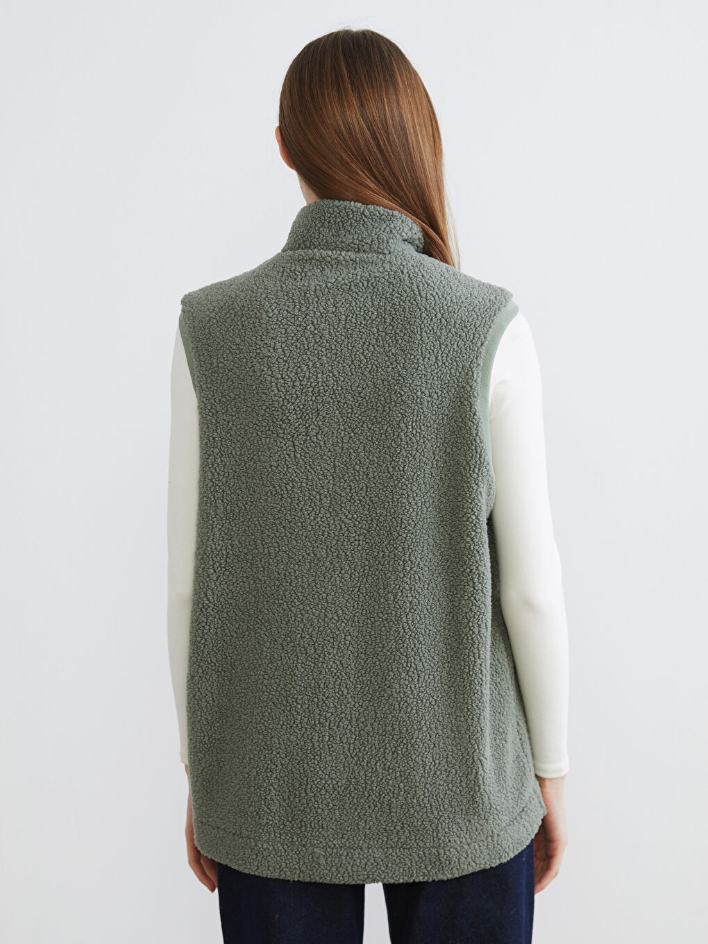 Yeşil Dik Yaka Kadın Pelüş Yelek-3
