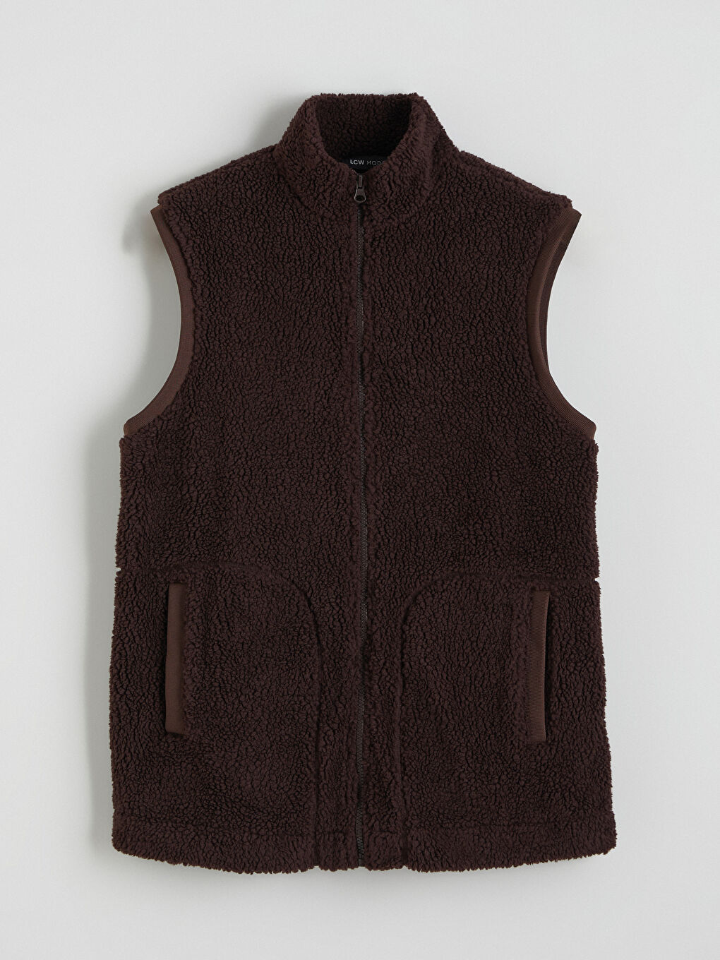 Kahverengi Dik Yaka Kadın Pelüş Yelek-4