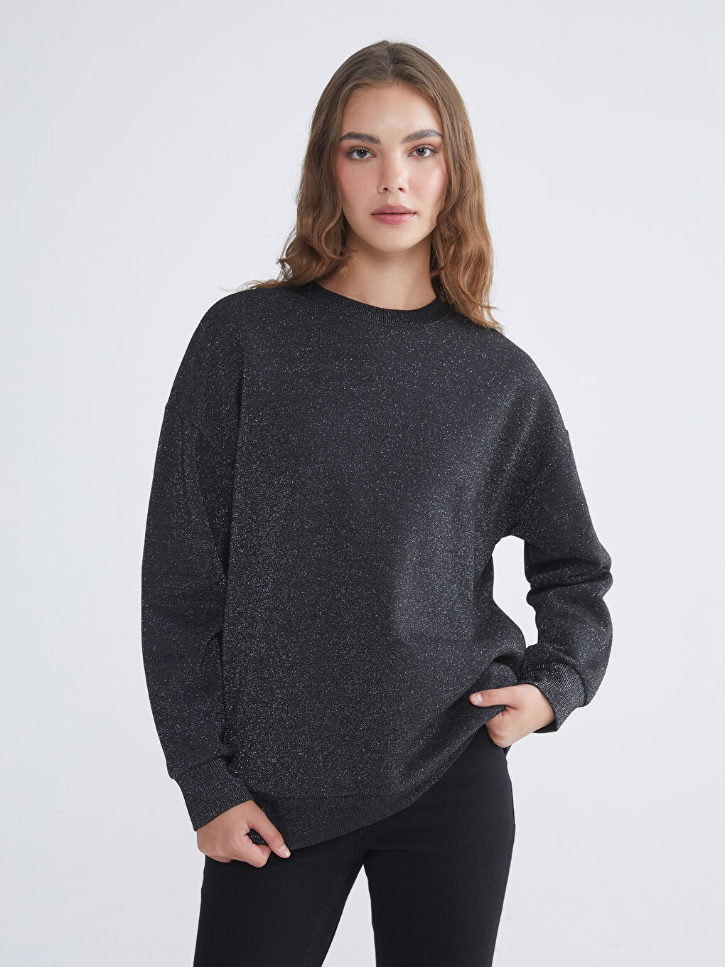 Siyah Bisiklet Yaka Oversize Kadın Sweatshirt Tunik