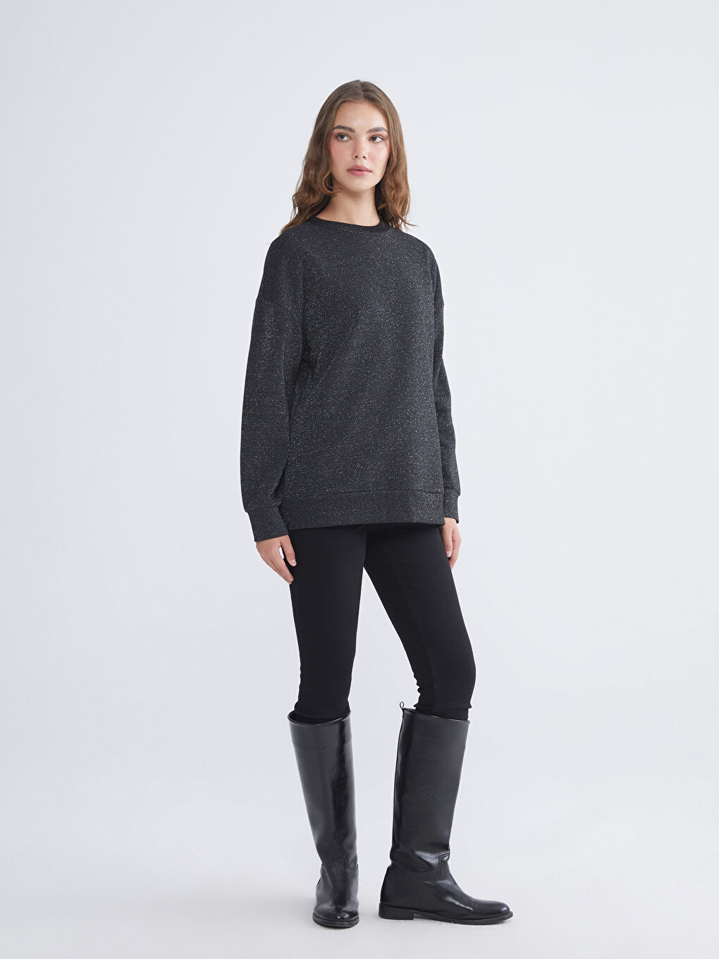 Siyah Bisiklet Yaka Oversize Kadın Sweatshirt Tunik-1