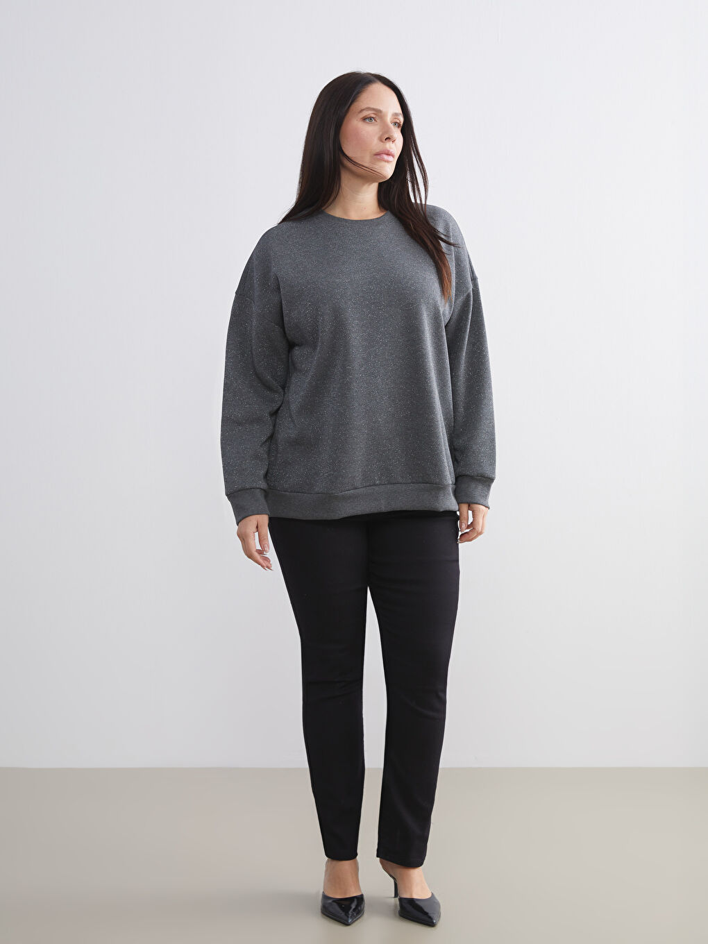 Gri Bisiklet Yaka Oversize Kadın Sweatshirt Tunik-5