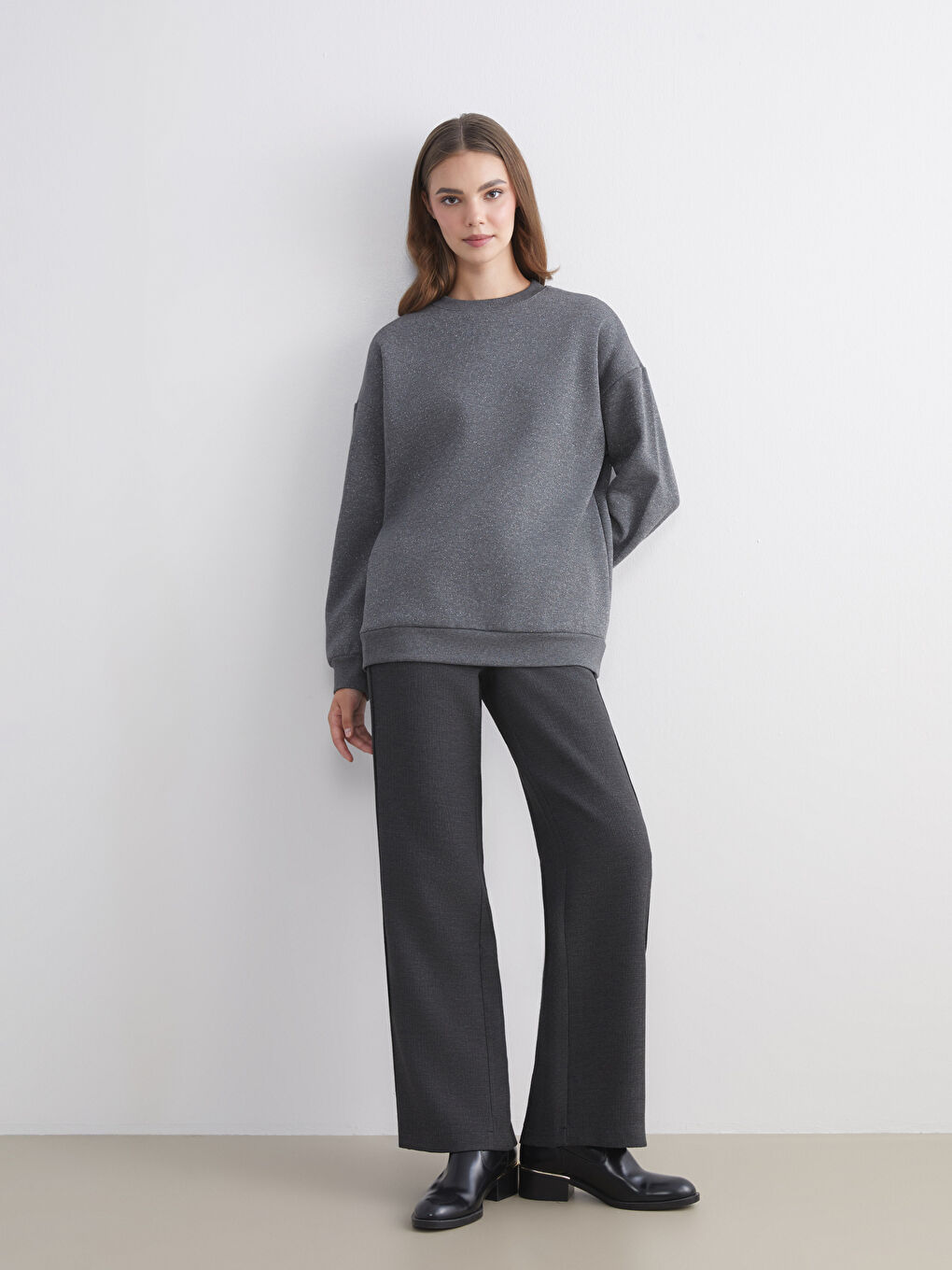 Gri Bisiklet Yaka Oversize Kadın Sweatshirt Tunik-2