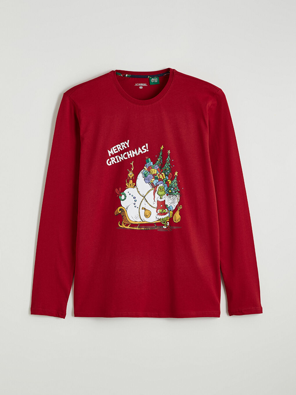 Kırmızı Grinch Baskılı Bisiklet Yaka Erkek Pijama Üst