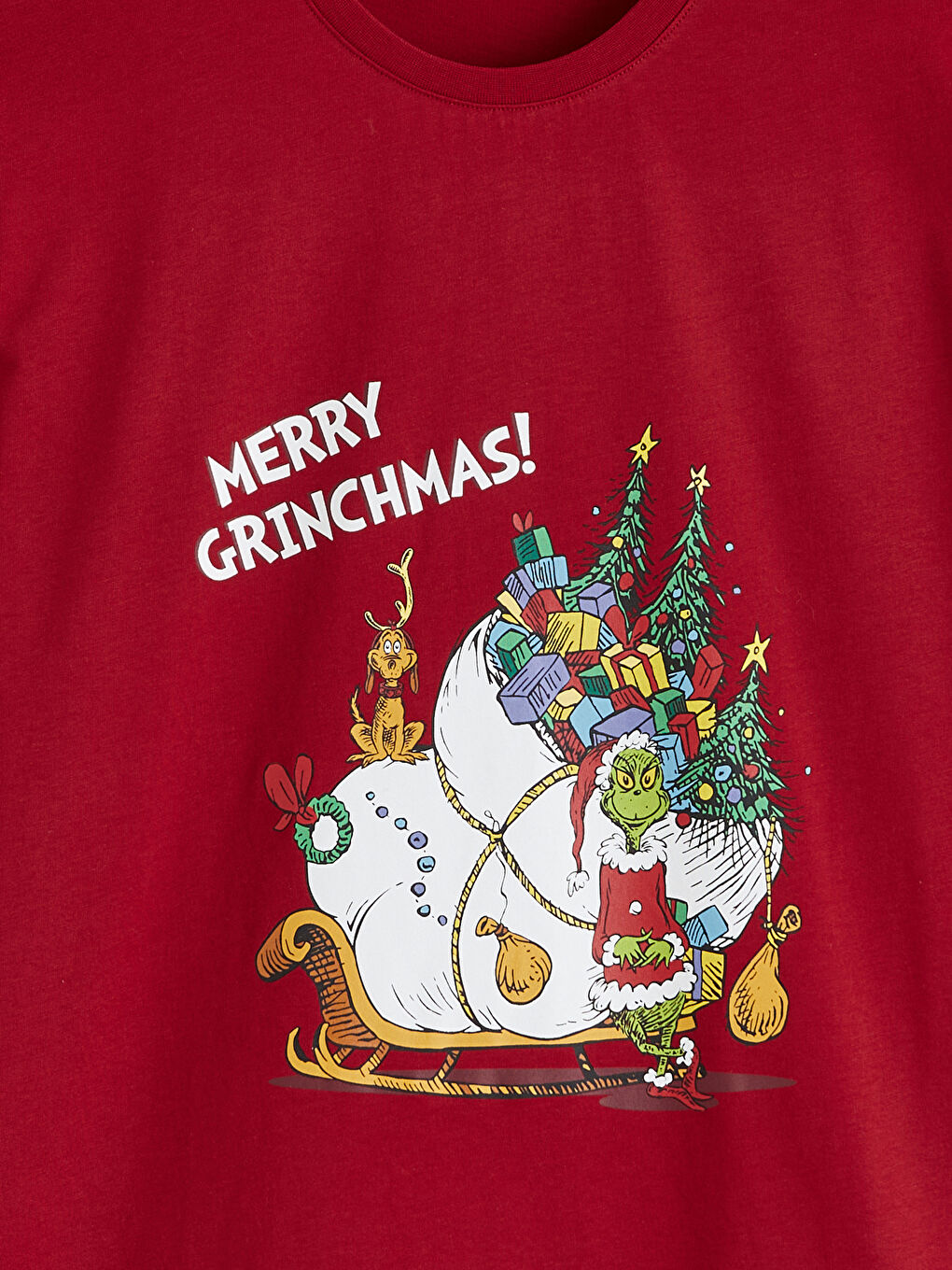 Kırmızı Grinch Baskılı Bisiklet Yaka Erkek Pijama Üst-1