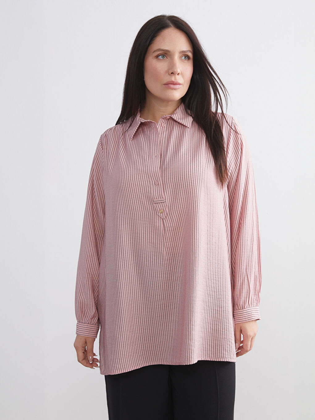 Pembe Gömlek Yaka Çizgili Oversize Kadın Tunik-1
