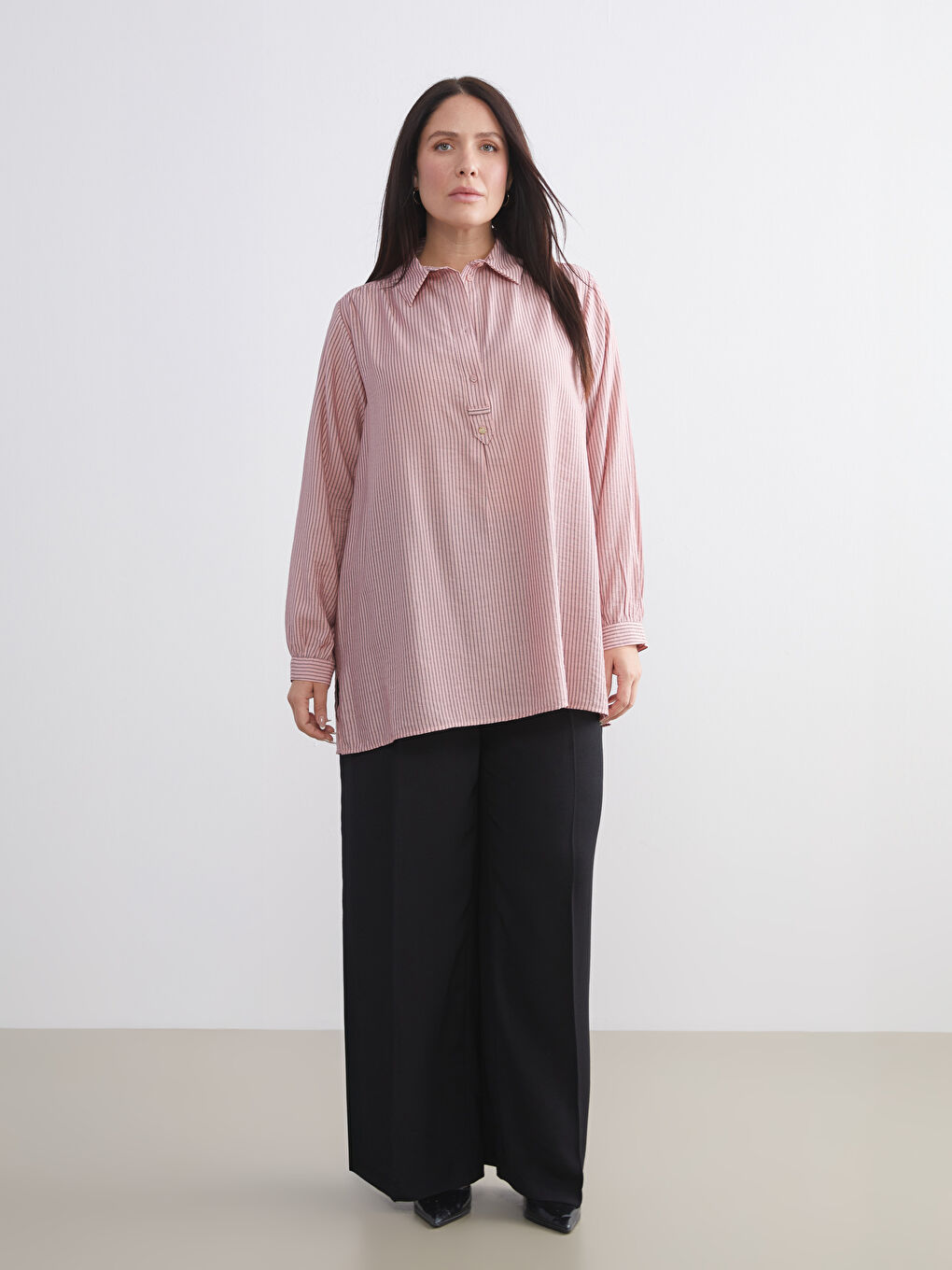 Pembe Gömlek Yaka Çizgili Oversize Kadın Tunik-5