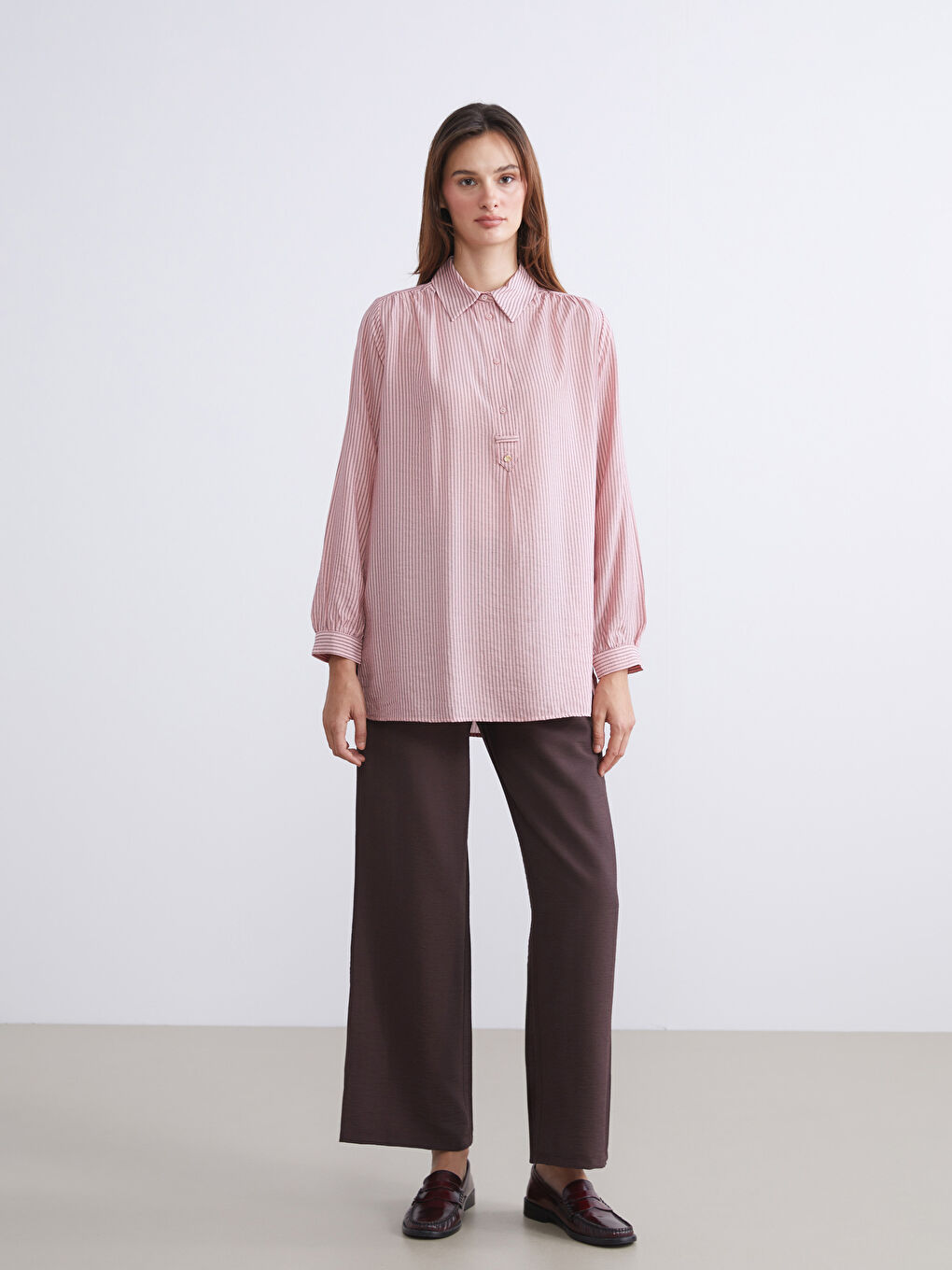 Pembe Gömlek Yaka Çizgili Oversize Kadın Tunik-2