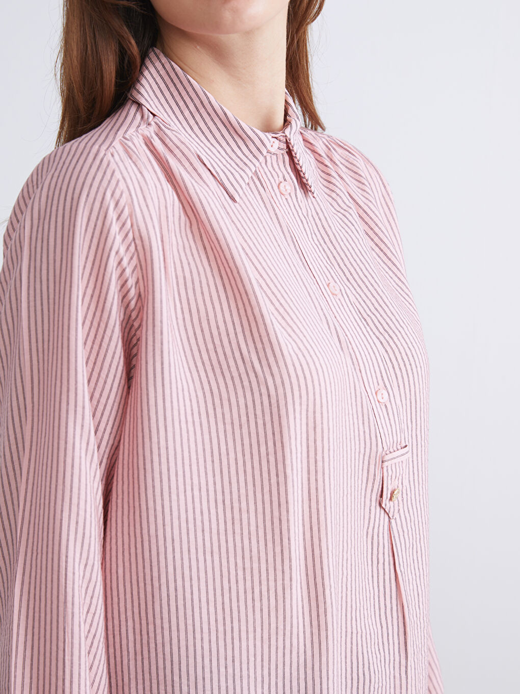 Pembe Gömlek Yaka Çizgili Oversize Kadın Tunik-3