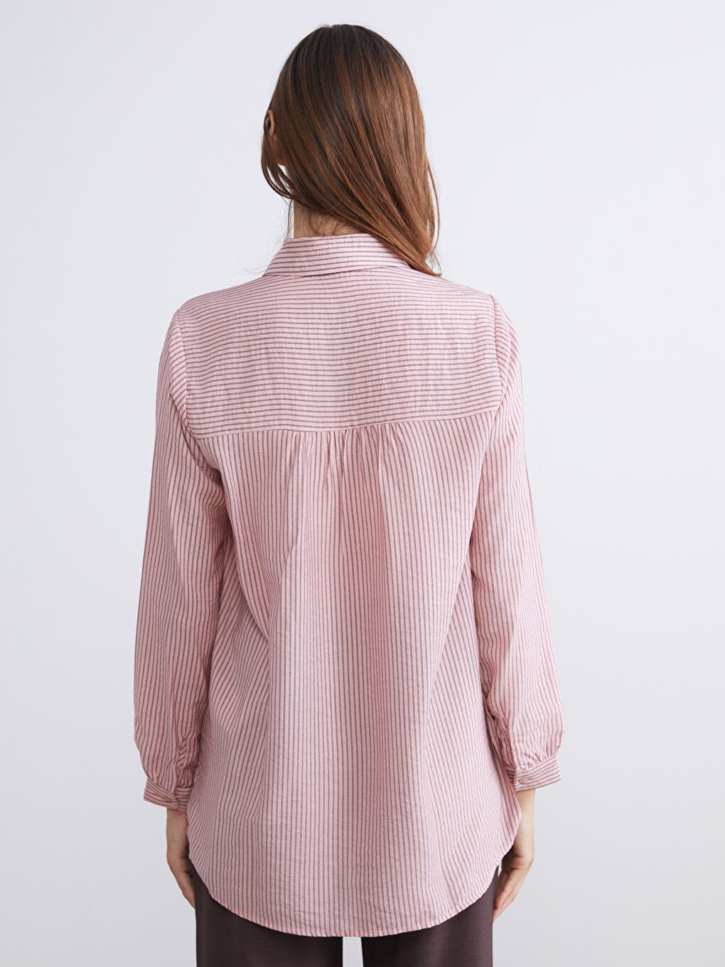 Pembe Gömlek Yaka Çizgili Oversize Kadın Tunik-4