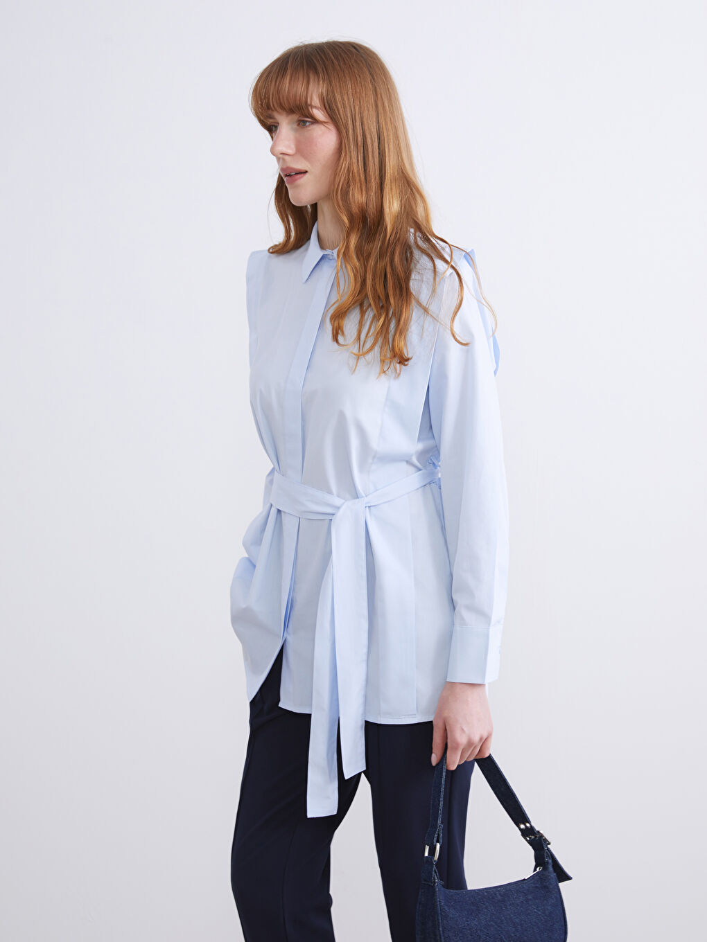 Mavi Kuşaklı Kadın Gömlek Tunik