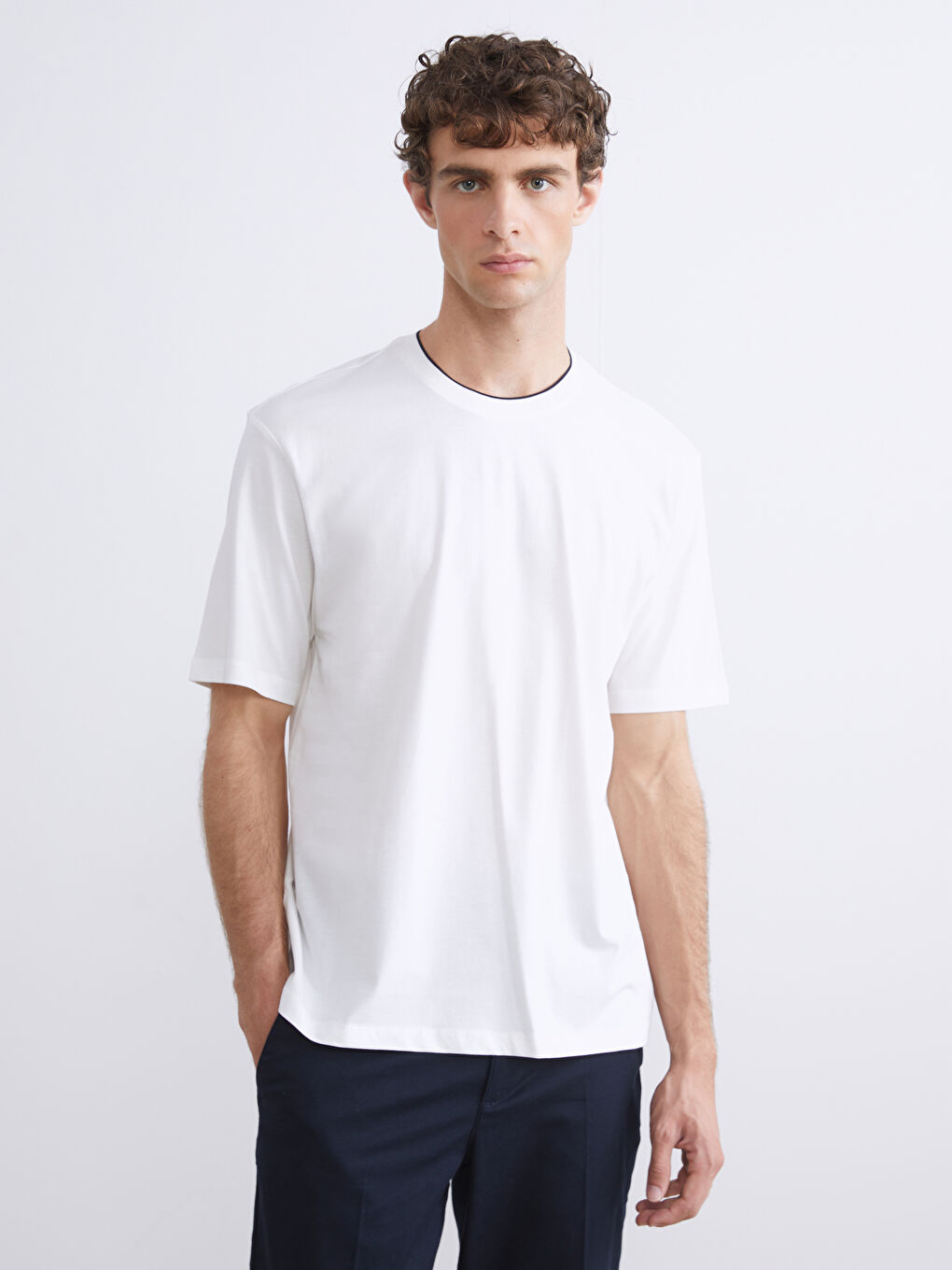 Ekru Bisiklet Yaka Penye Erkek Tişört