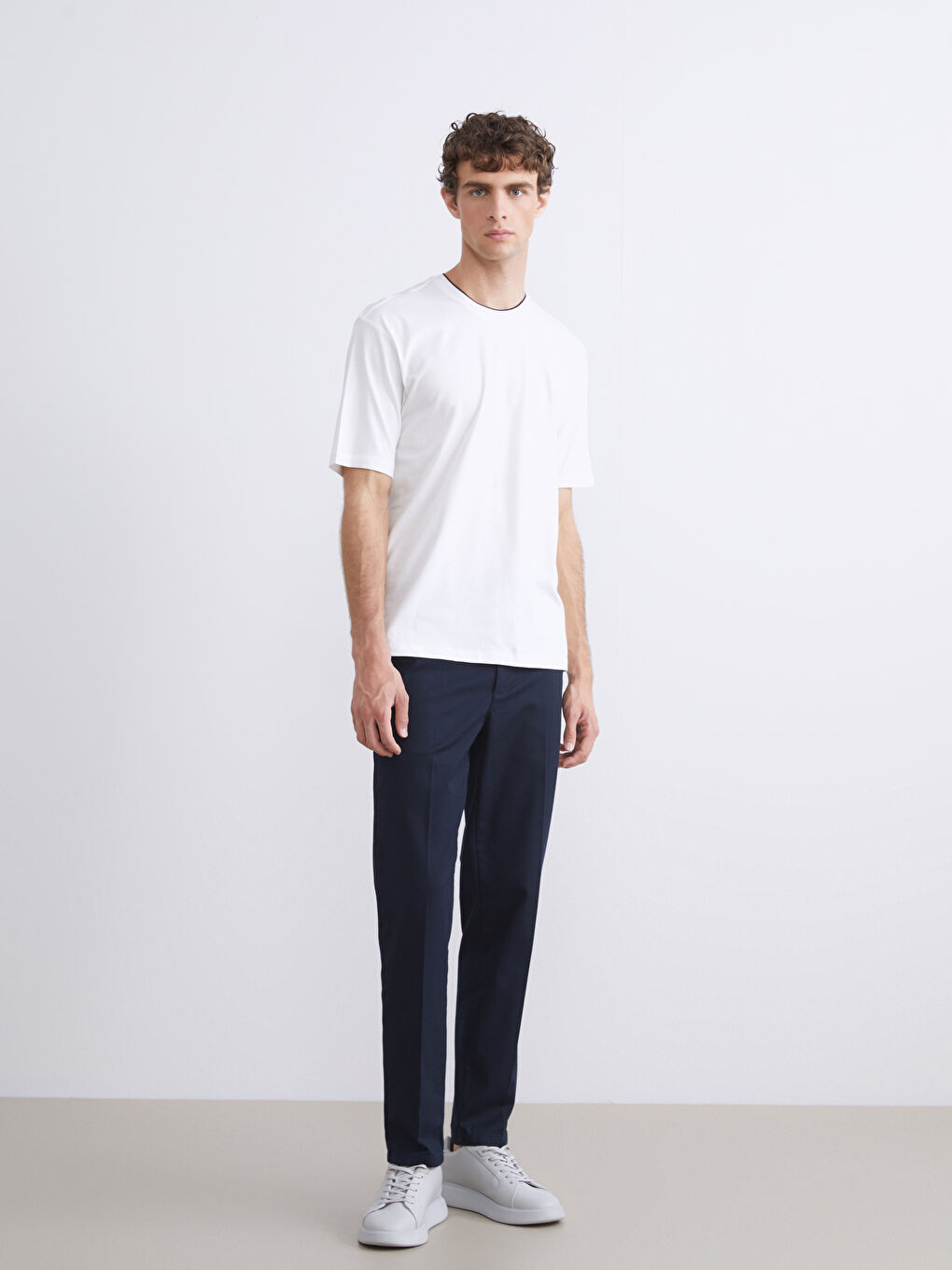 Ekru Bisiklet Yaka Penye Erkek Tişört-1