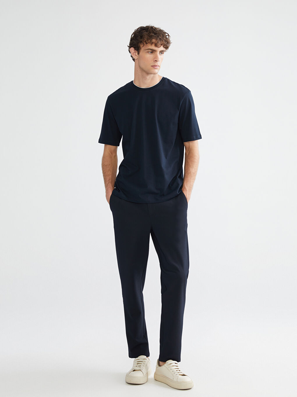 Lacivert Bisiklet Yaka Penye Erkek Tişört-1