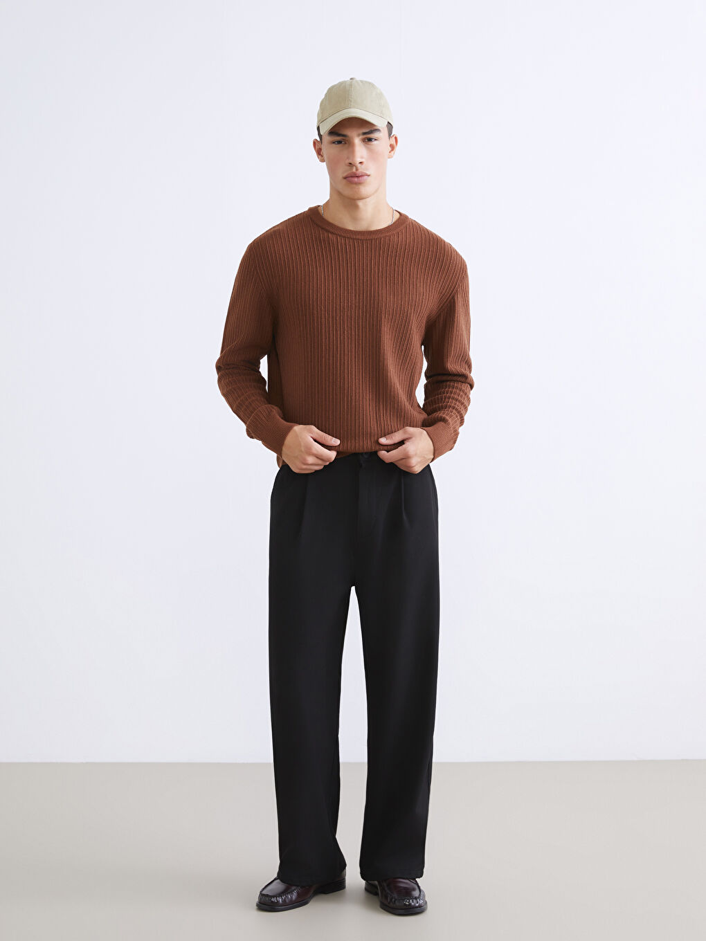 Kahverengi Bisiklet Yaka Erkek Triko Kazak-1