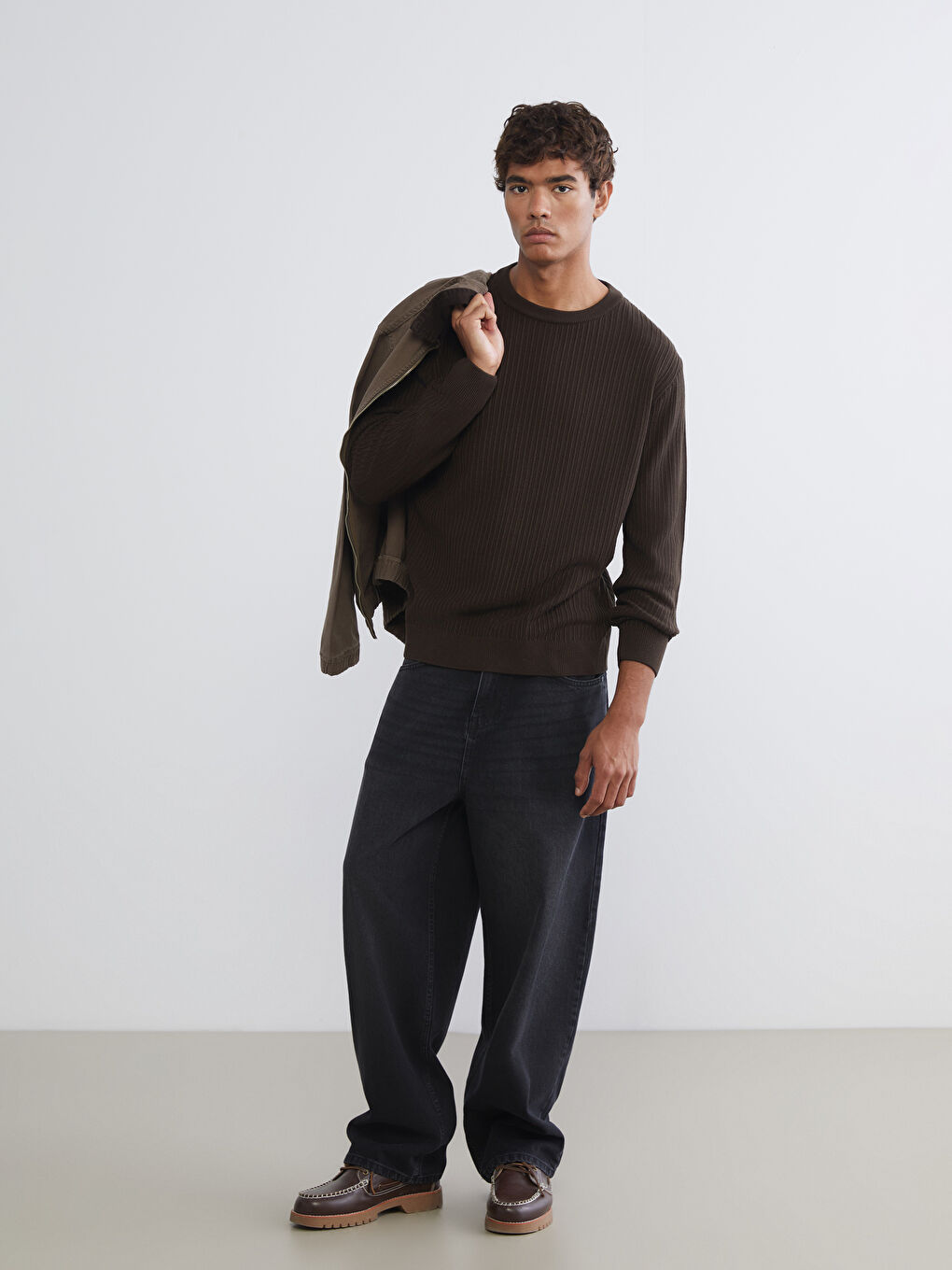 Kahverengi Bisiklet Yaka Erkek Triko Kazak-1