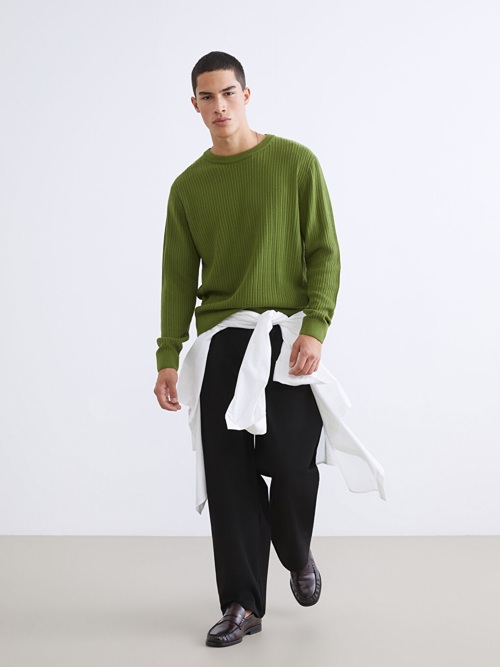 Yeşil Bisiklet Yaka Erkek Triko Kazak-1