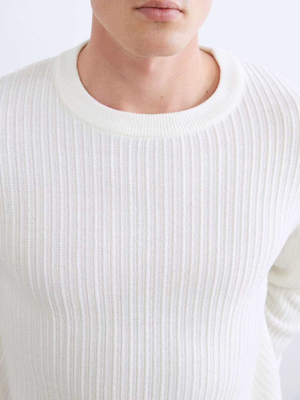 Ekru Bisiklet Yaka Erkek Triko Kazak-2