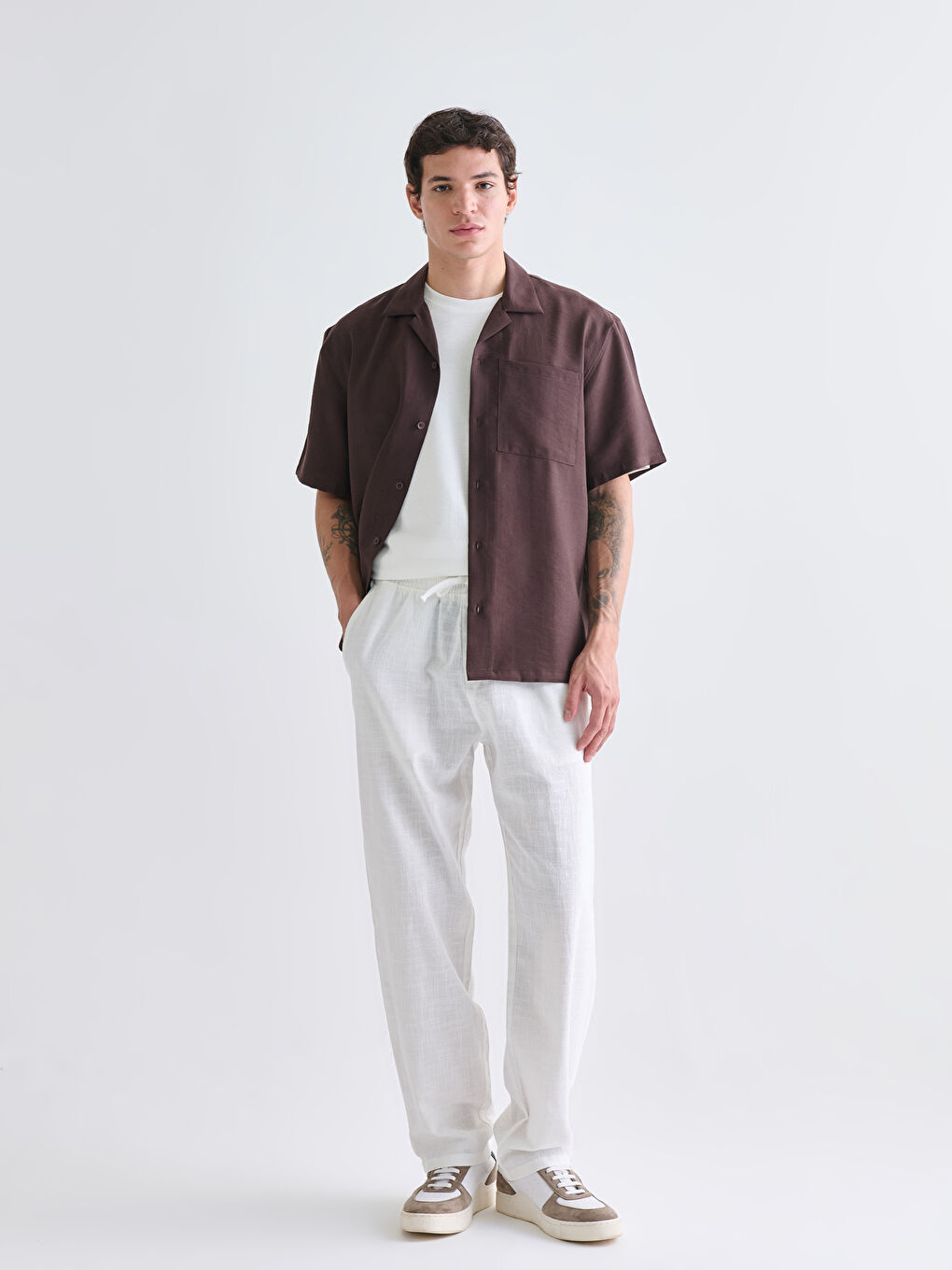 Ekru Rahat Kalıp Keten Görünümlü Erkek Pantolon