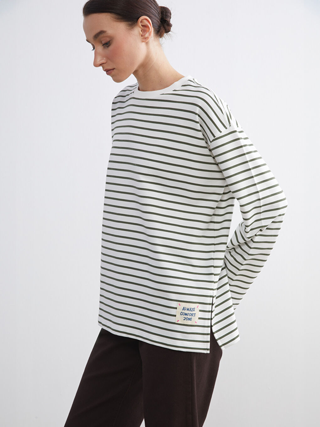 Yeşil Bisiklet Yaka Çizgili Kadın Sweatshirt