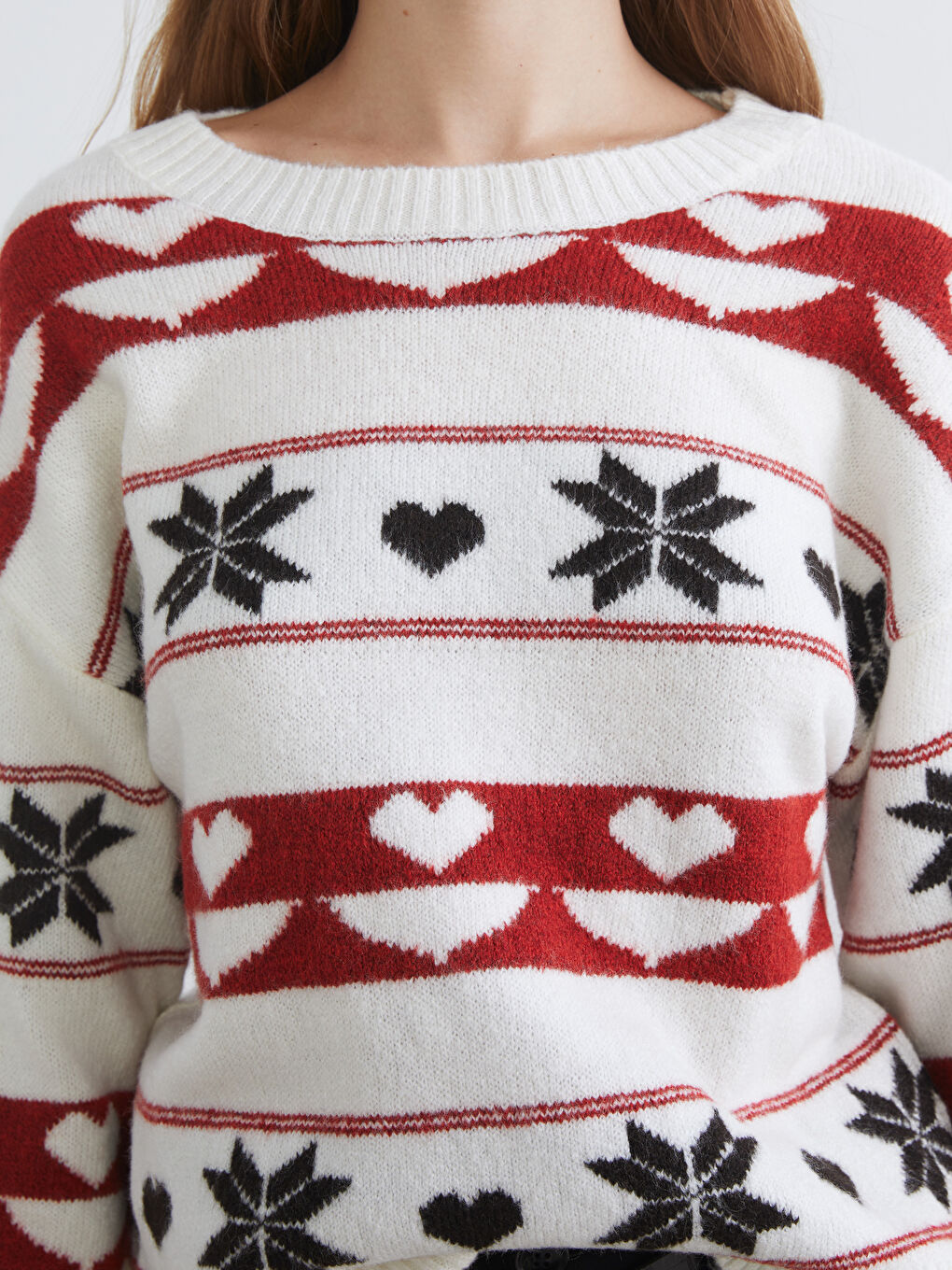 Ekru Bisiklet Yaka Desenli Kadın Triko Kazak-2