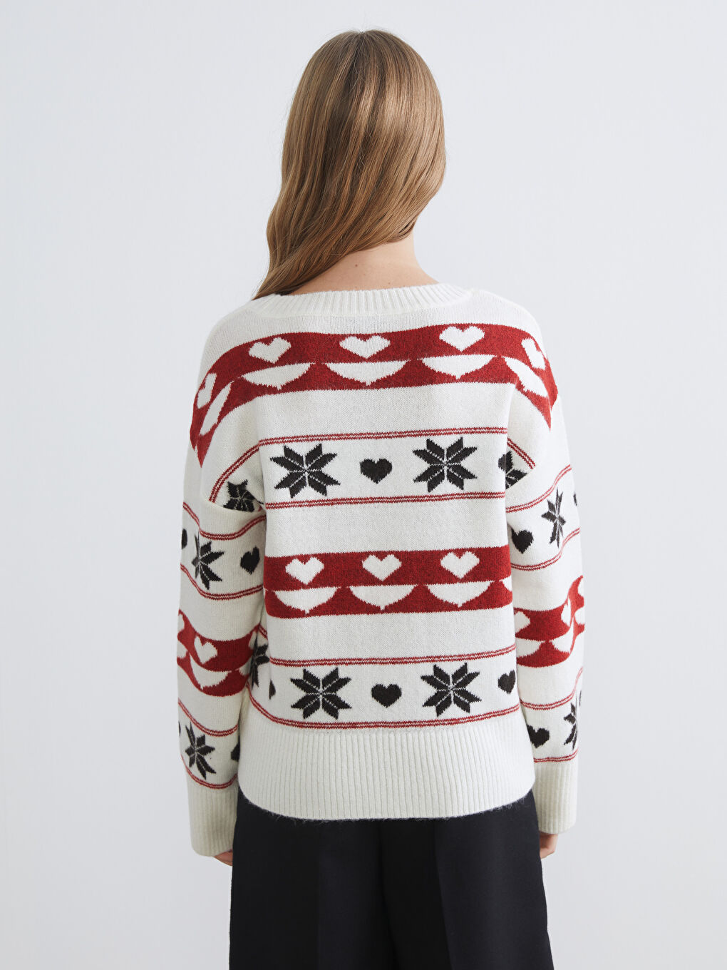 Ekru Bisiklet Yaka Desenli Kadın Triko Kazak-3