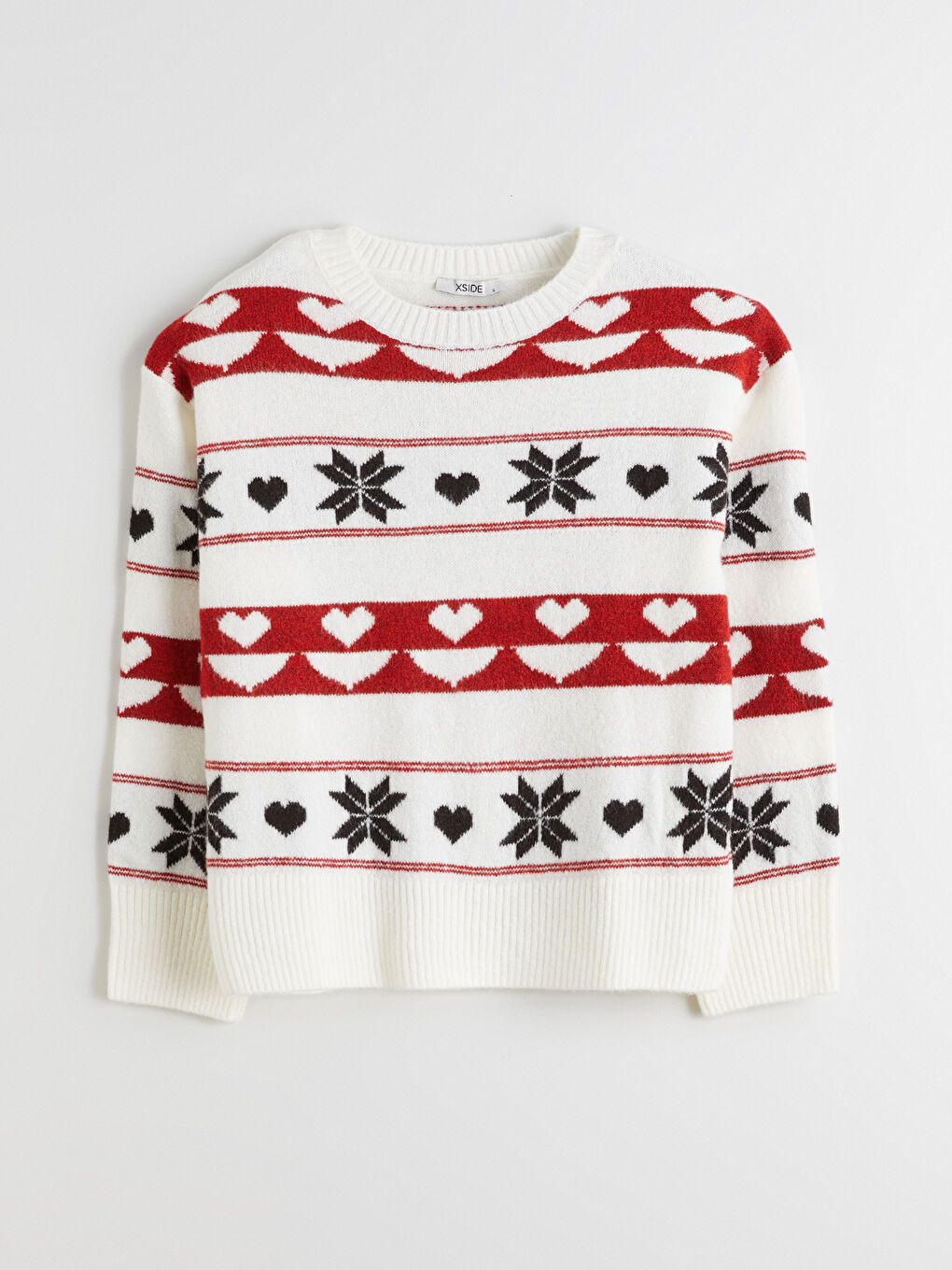 Ekru Bisiklet Yaka Desenli Kadın Triko Kazak-4