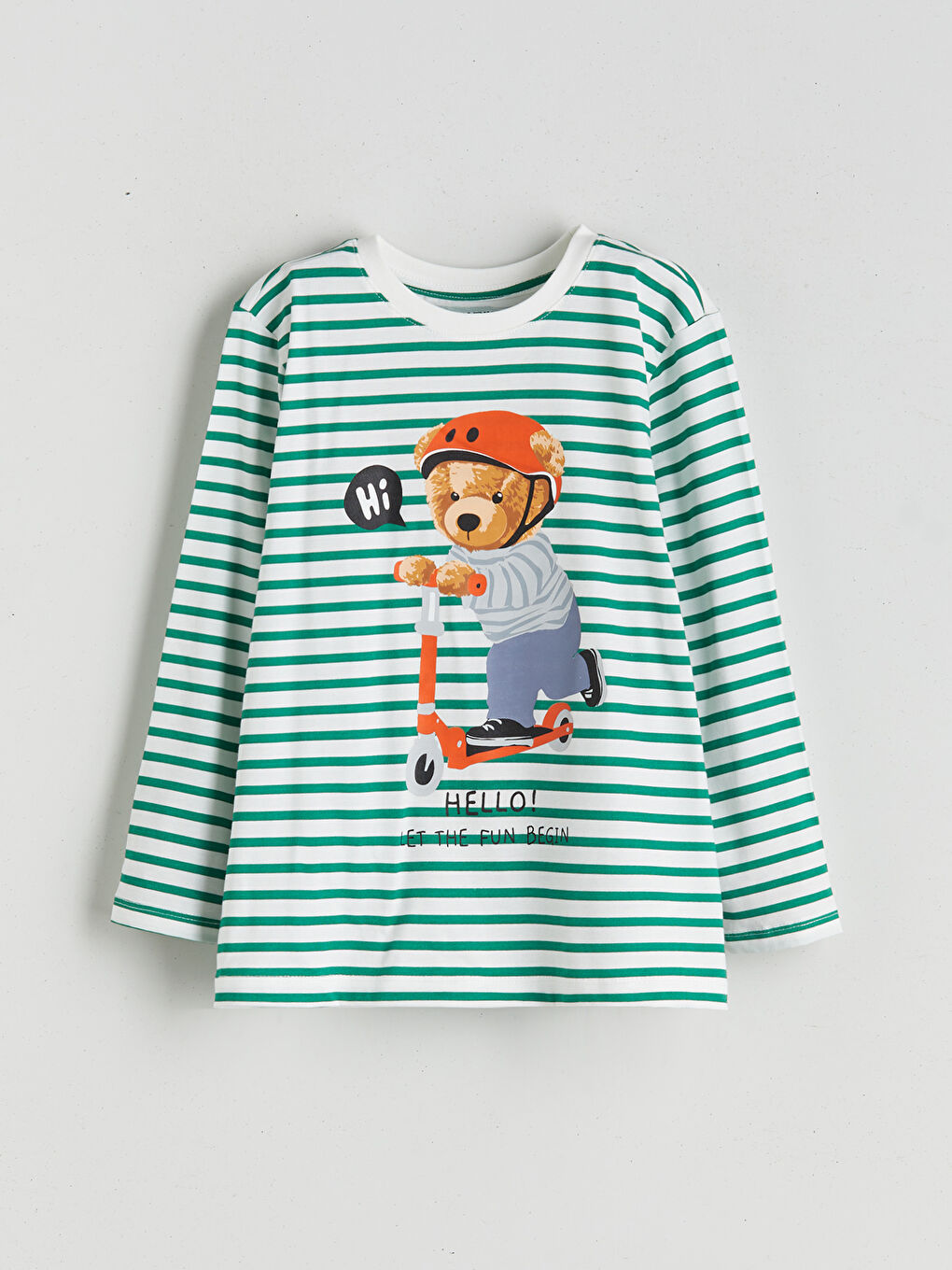 Ekru Ayı Teddy Baskılı Çizgili Uzun Kollu Erkek Çocuk Tişört