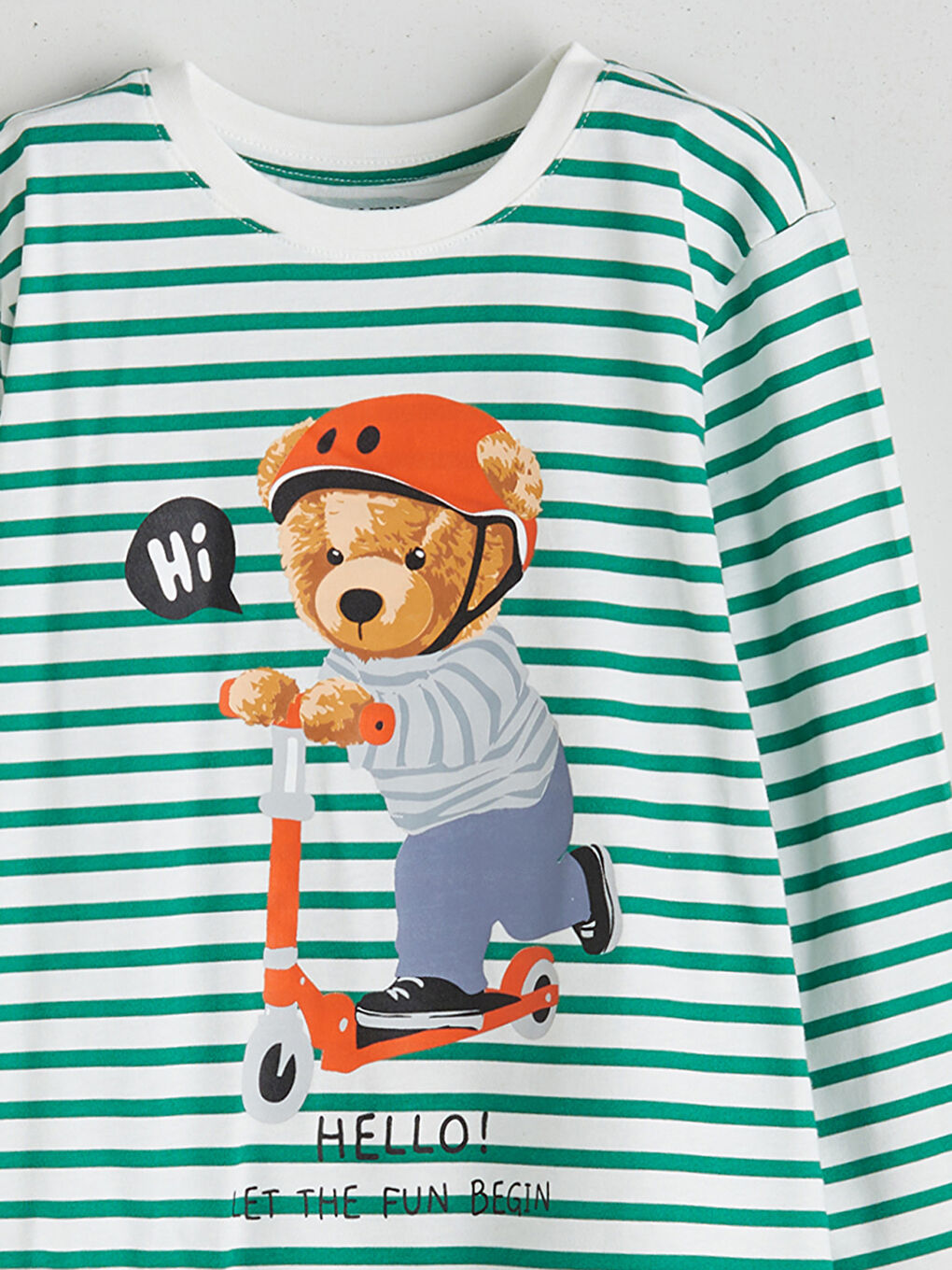 Ekru Ayı Teddy Baskılı Çizgili Uzun Kollu Erkek Çocuk Tişört-2