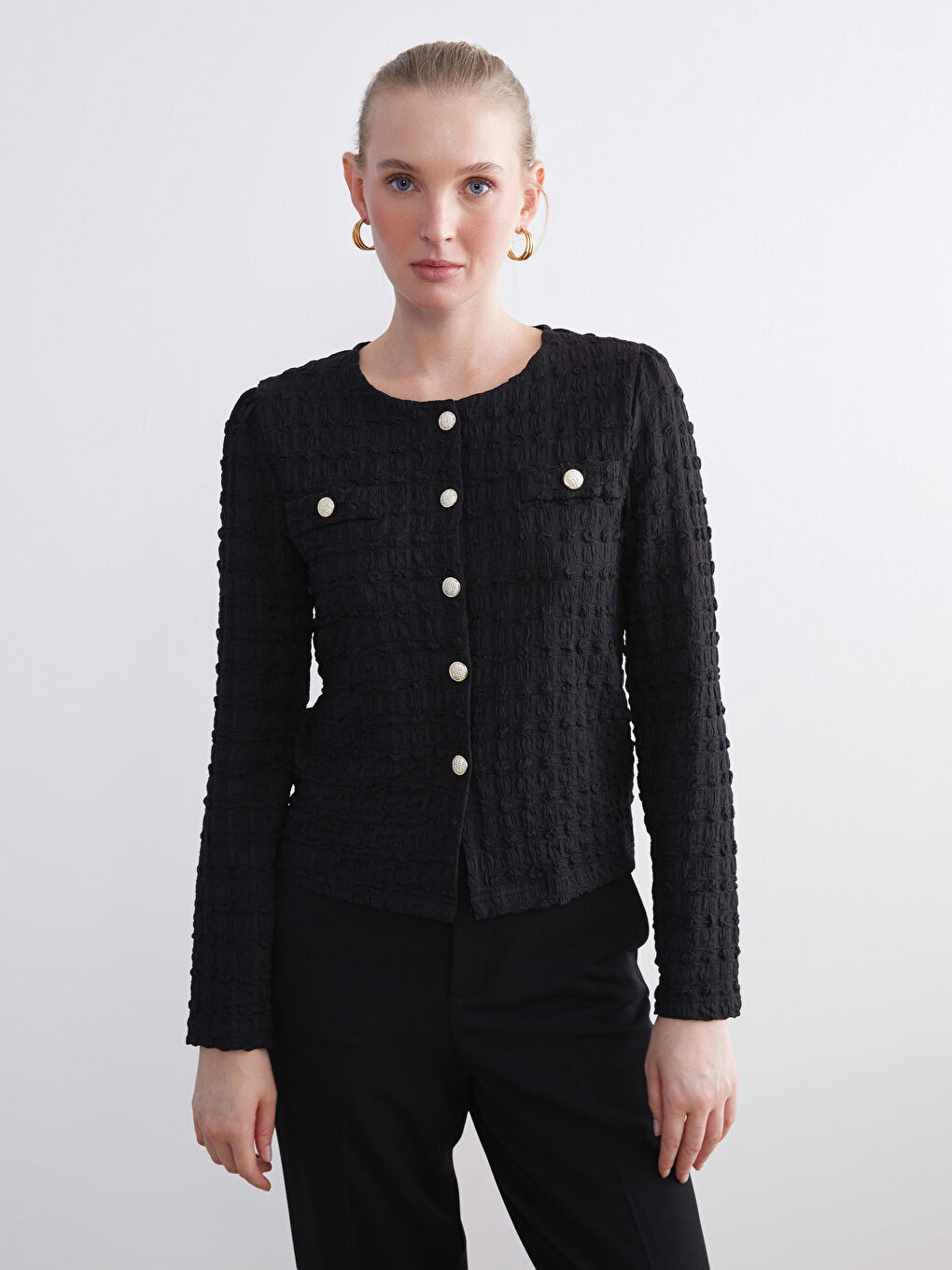 Crew Neck Textured Women's Cardigan
