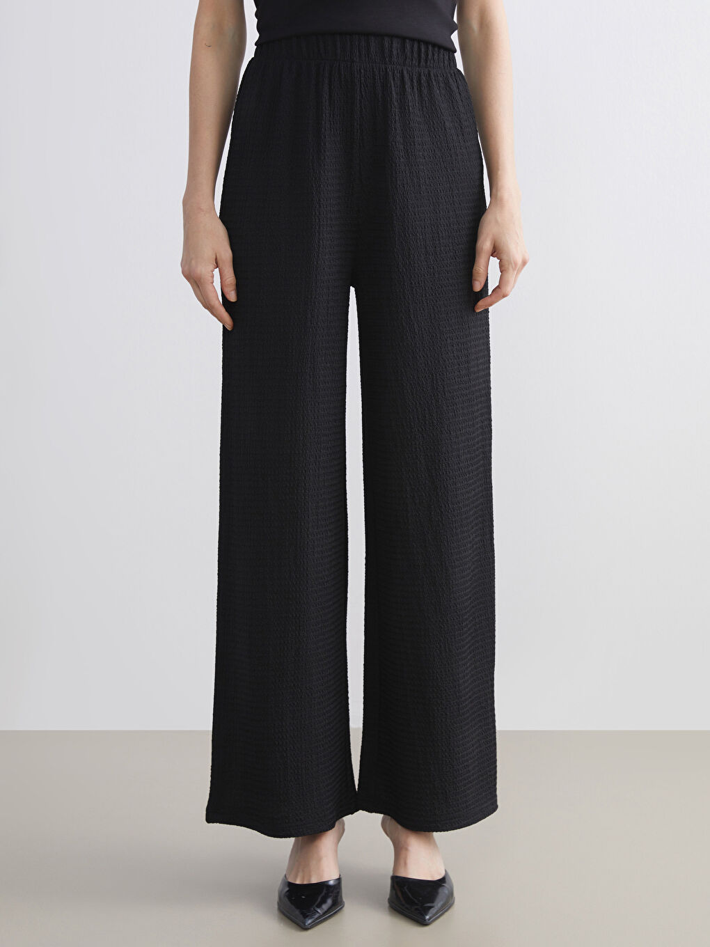 Elasticated Waist Textured Wide Leg Women's Trousers-1