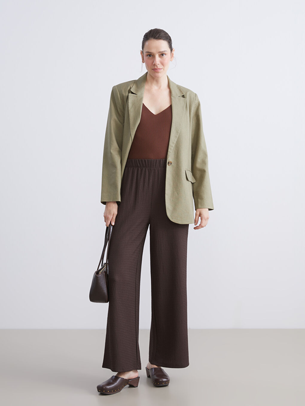 Elasticated Waist Textured Wide Leg Women's Trousers