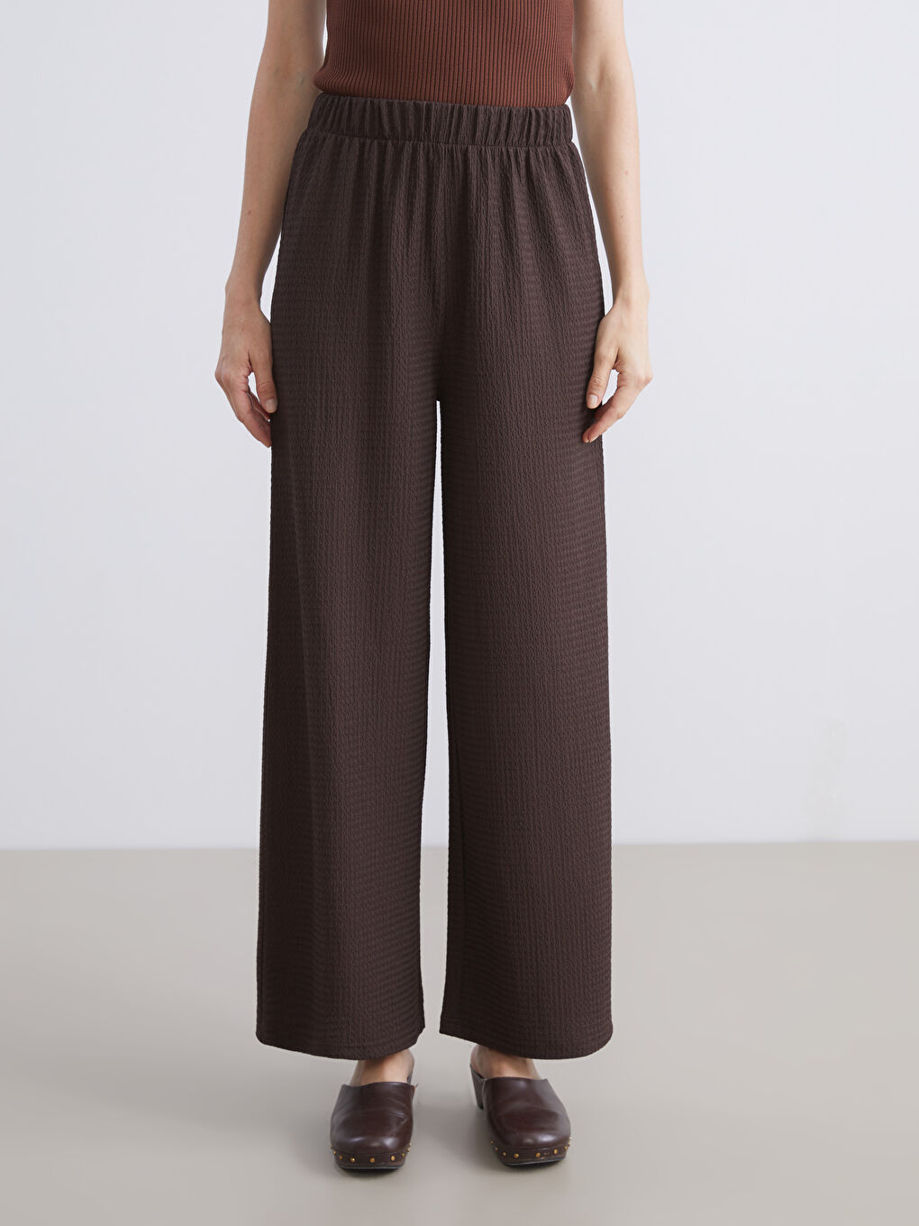 Elasticated Waist Textured Wide Leg Women's Trousers-1