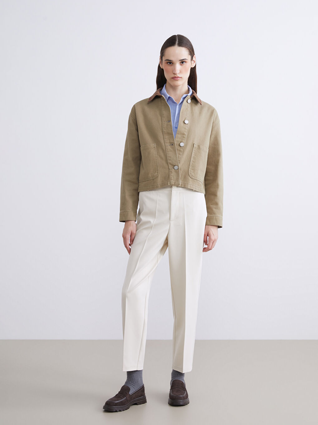 Haki Kontrast Yaka Oversize Kadın Ceket-1