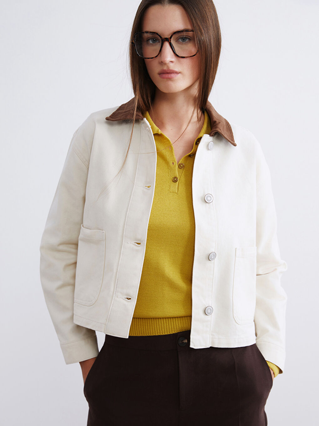 Ekru Kontrast Yaka Oversize Kadın Ceket