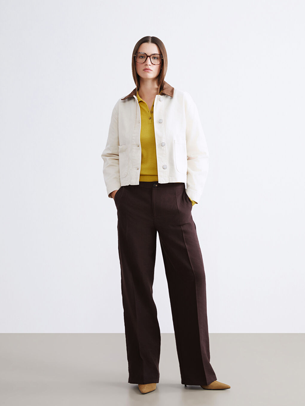 Ekru Kontrast Yaka Oversize Kadın Ceket-1