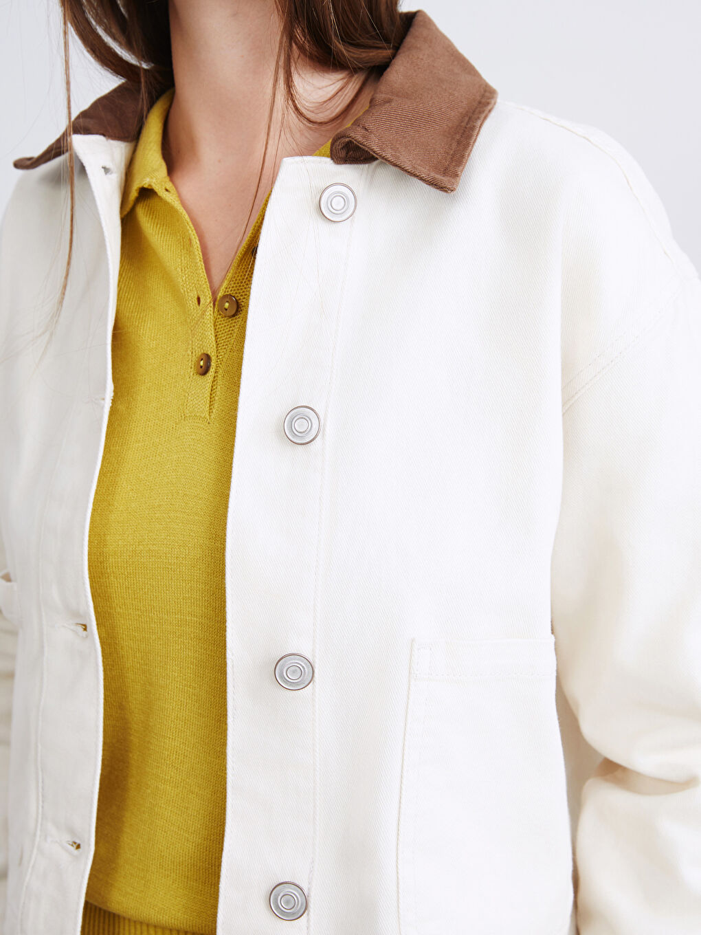 Ekru Kontrast Yaka Oversize Kadın Ceket-2