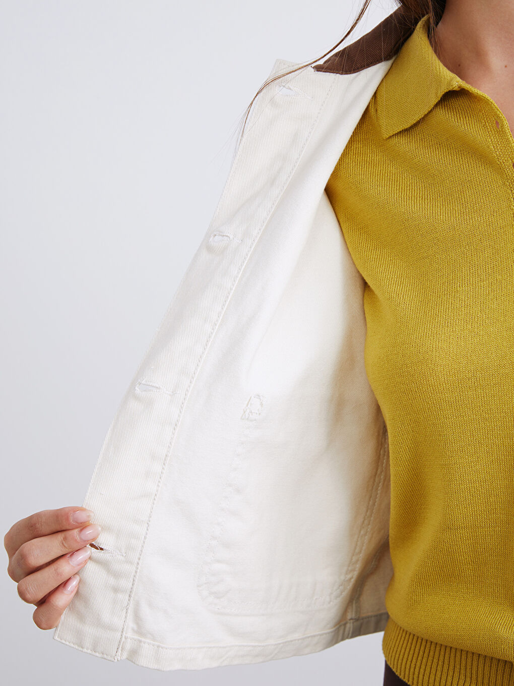 Ekru Kontrast Yaka Oversize Kadın Ceket-3