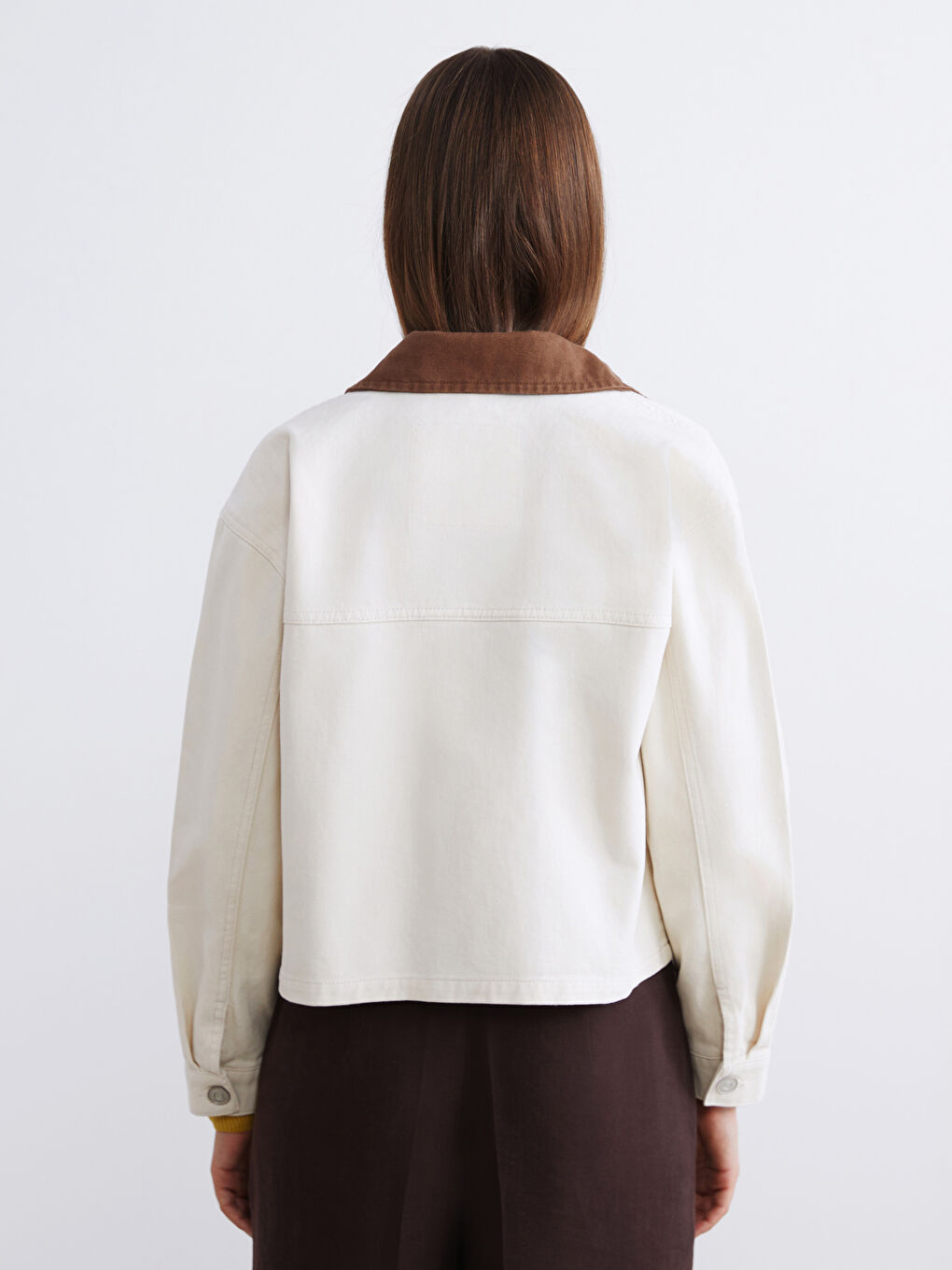 Ekru Kontrast Yaka Oversize Kadın Ceket-4